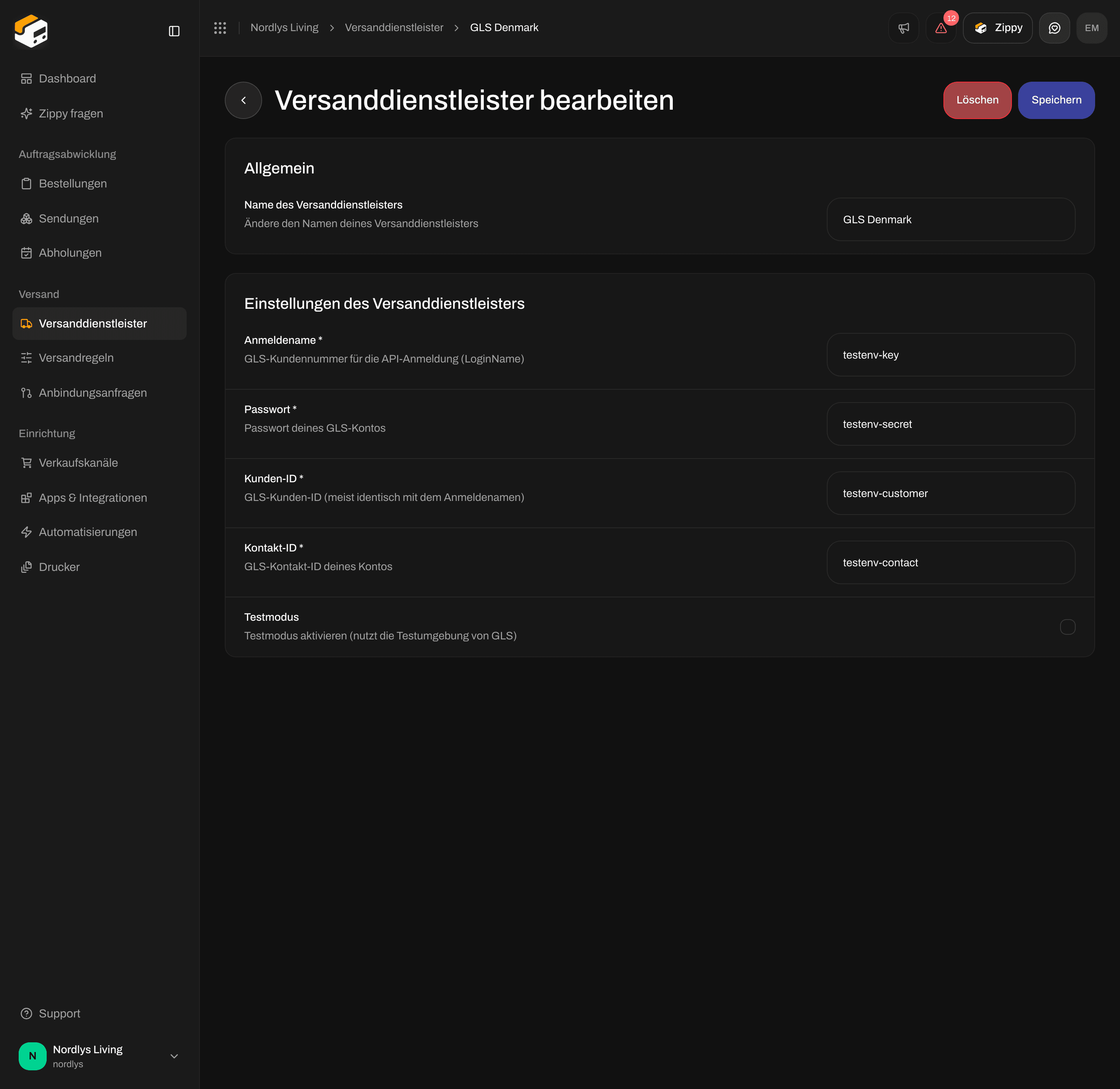 Versanddienstleister bearbeiten bei GLS Denmark mit Anmeldename, Passwort, Kunden-ID, Kontakt-ID und Testmodus