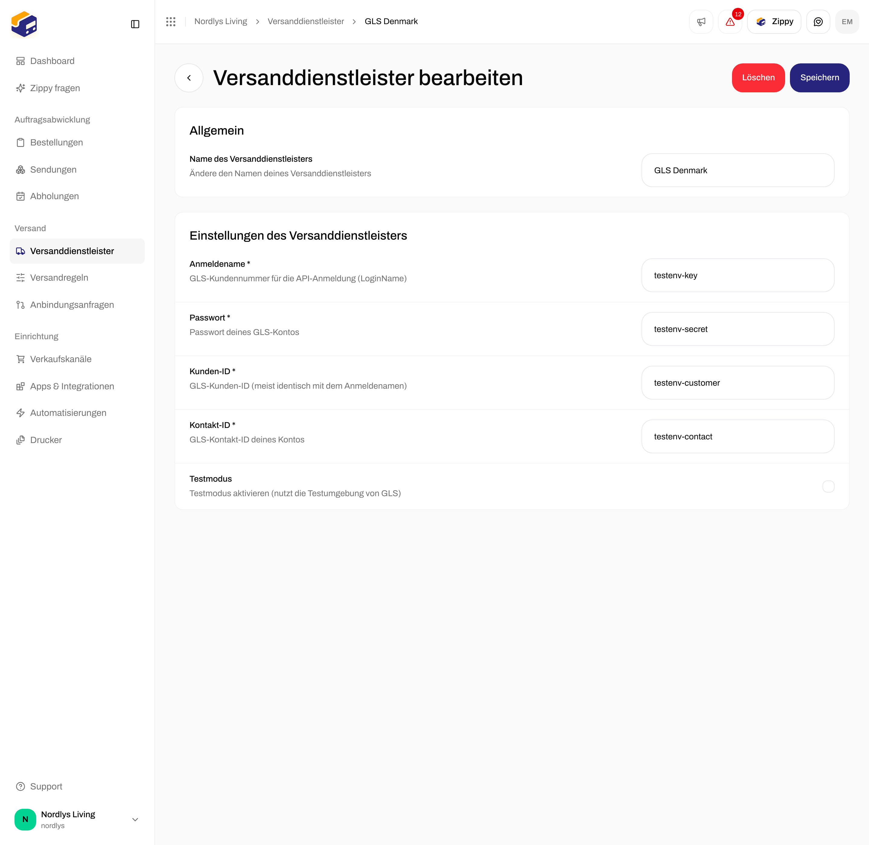 Versanddienstleister bearbeiten bei GLS Denmark mit Anmeldename, Passwort, Kunden-ID, Kontakt-ID und Testmodus