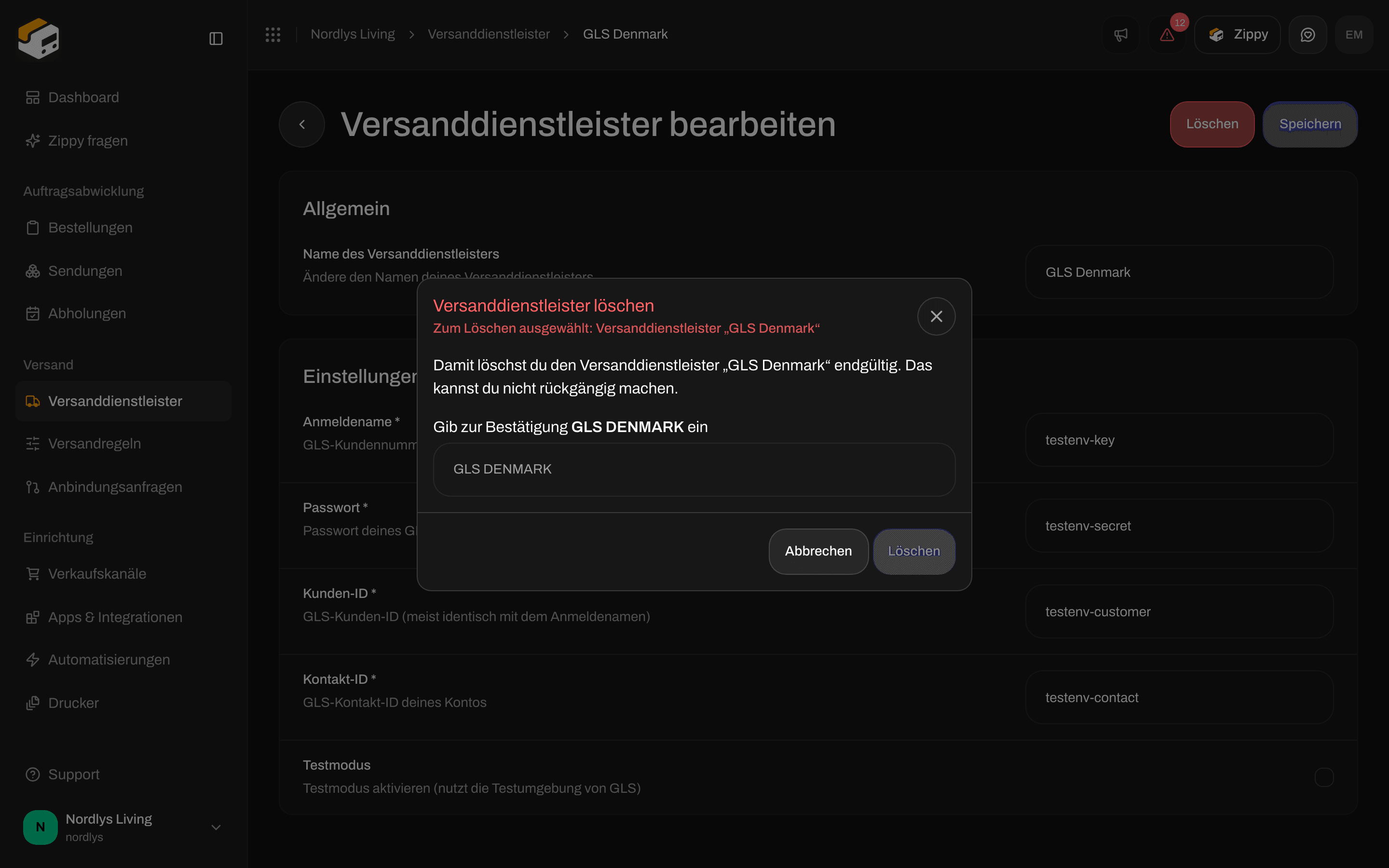 Fenster Versanddienstleister löschen mit der Aufforderung, den Namen von GLS Denmark in Großbuchstaben einzugeben