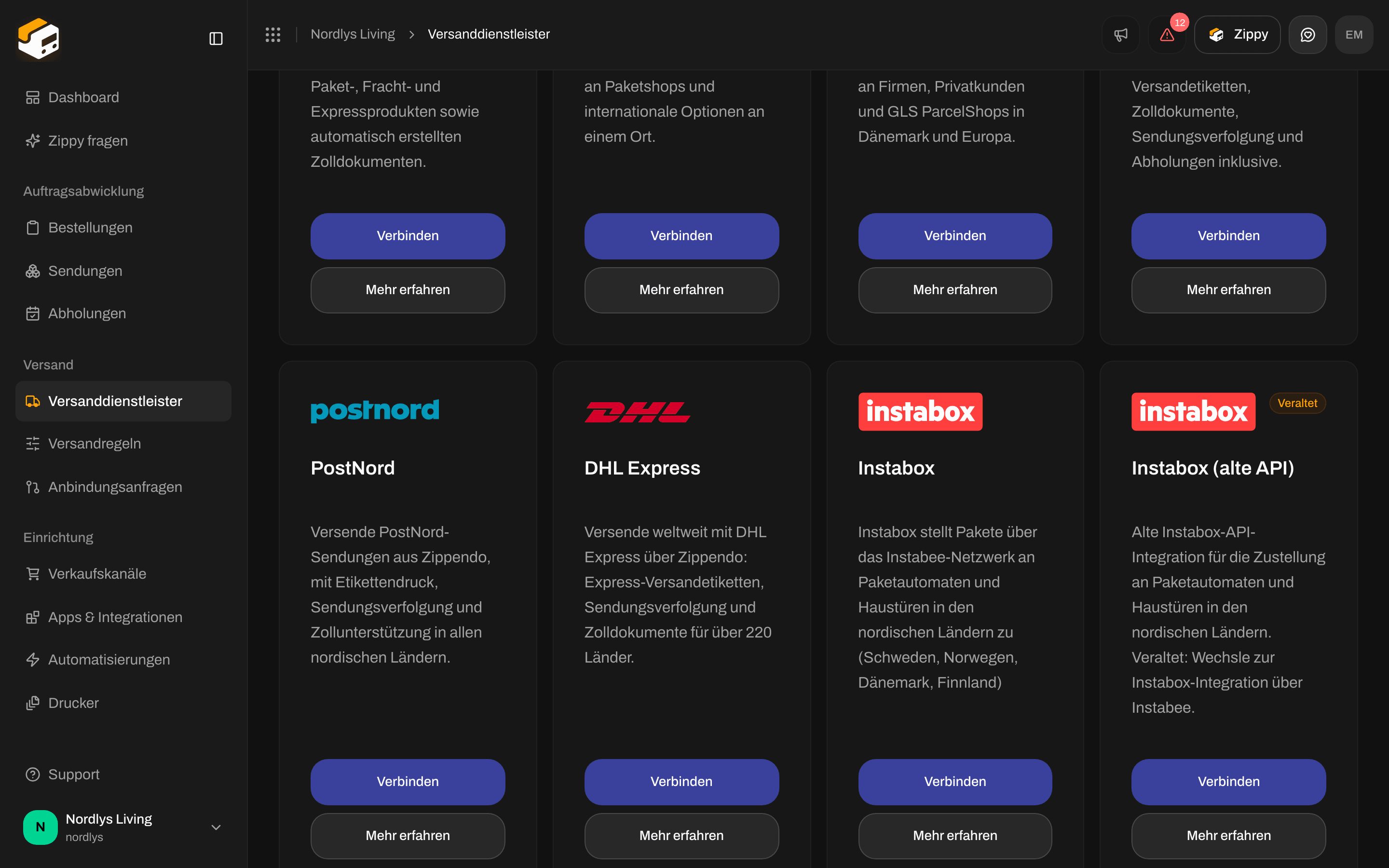 Tab Alle Versanddienstleister mit der Karte Instabox (alte API), gekennzeichnet als Veraltet, mit den Schaltflächen Verbinden und Mehr erfahren