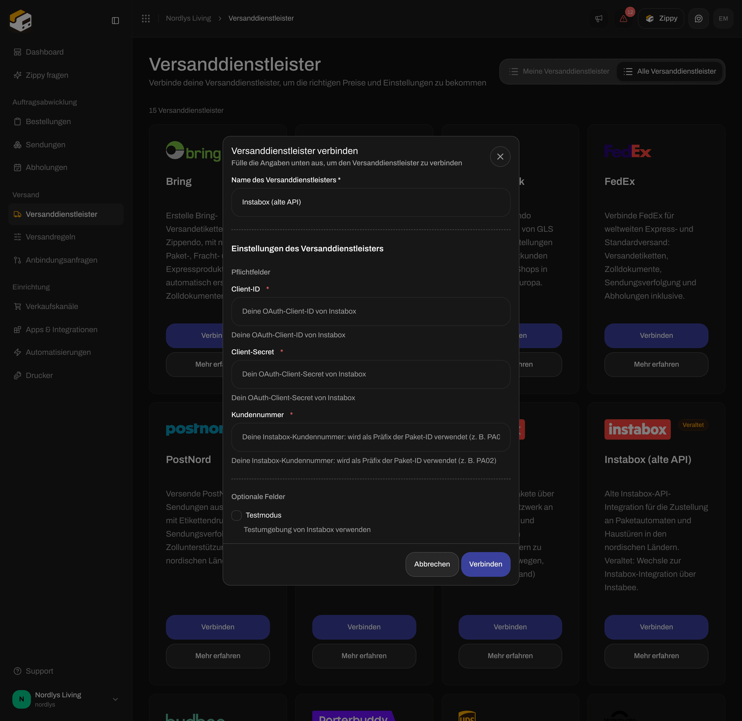 Formular für Instabox (alte API), gescrollt bis zu Optionale Felder mit dem Kontrollkästchen Testmodus