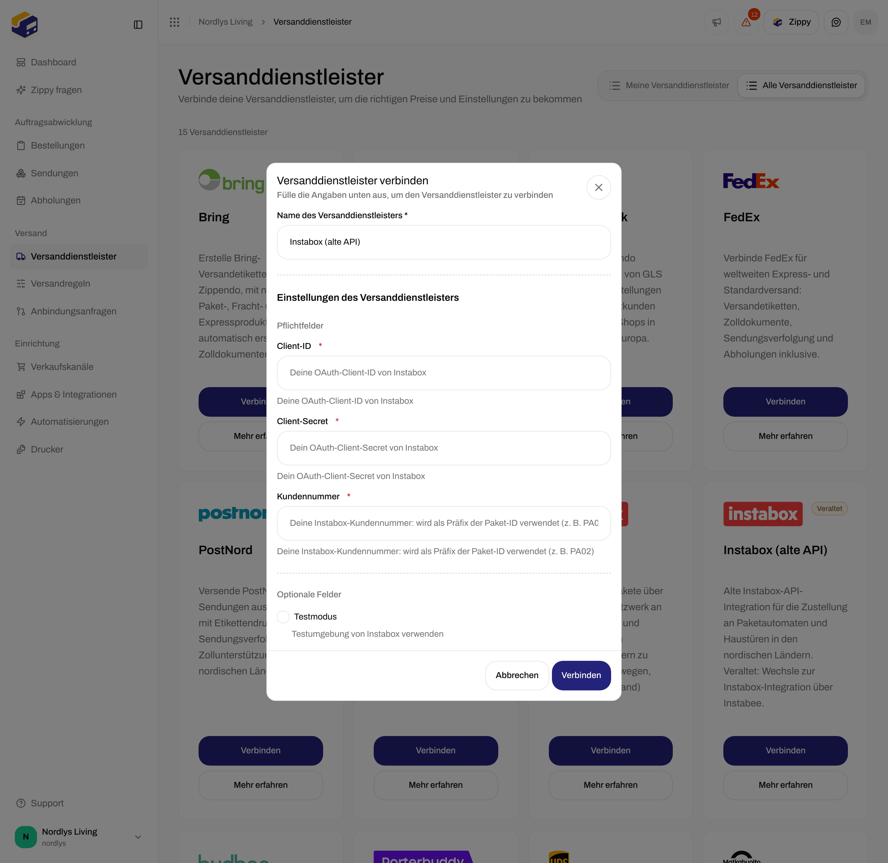 Formular für Instabox (alte API), gescrollt bis zu Optionale Felder mit dem Kontrollkästchen Testmodus