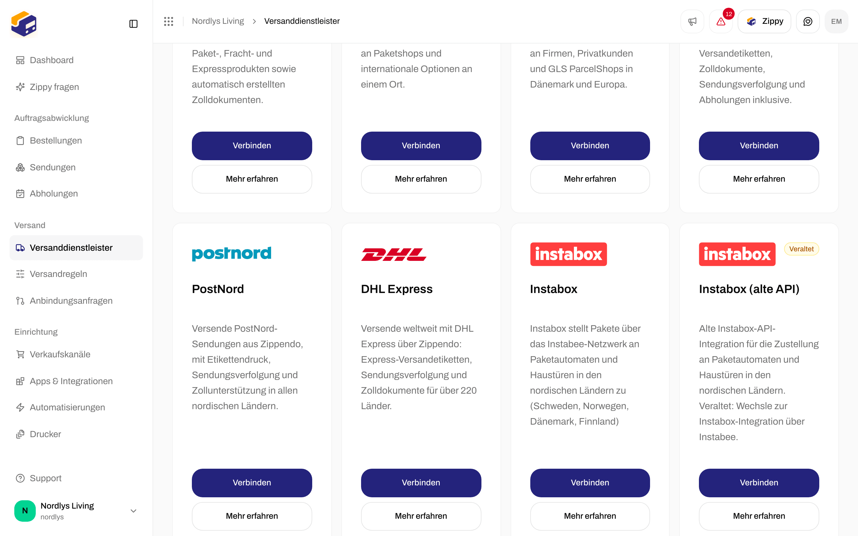 Alle Versanddienstleister mit der Karte Instabox und ihren Schaltflächen Verbinden und Mehr erfahren
