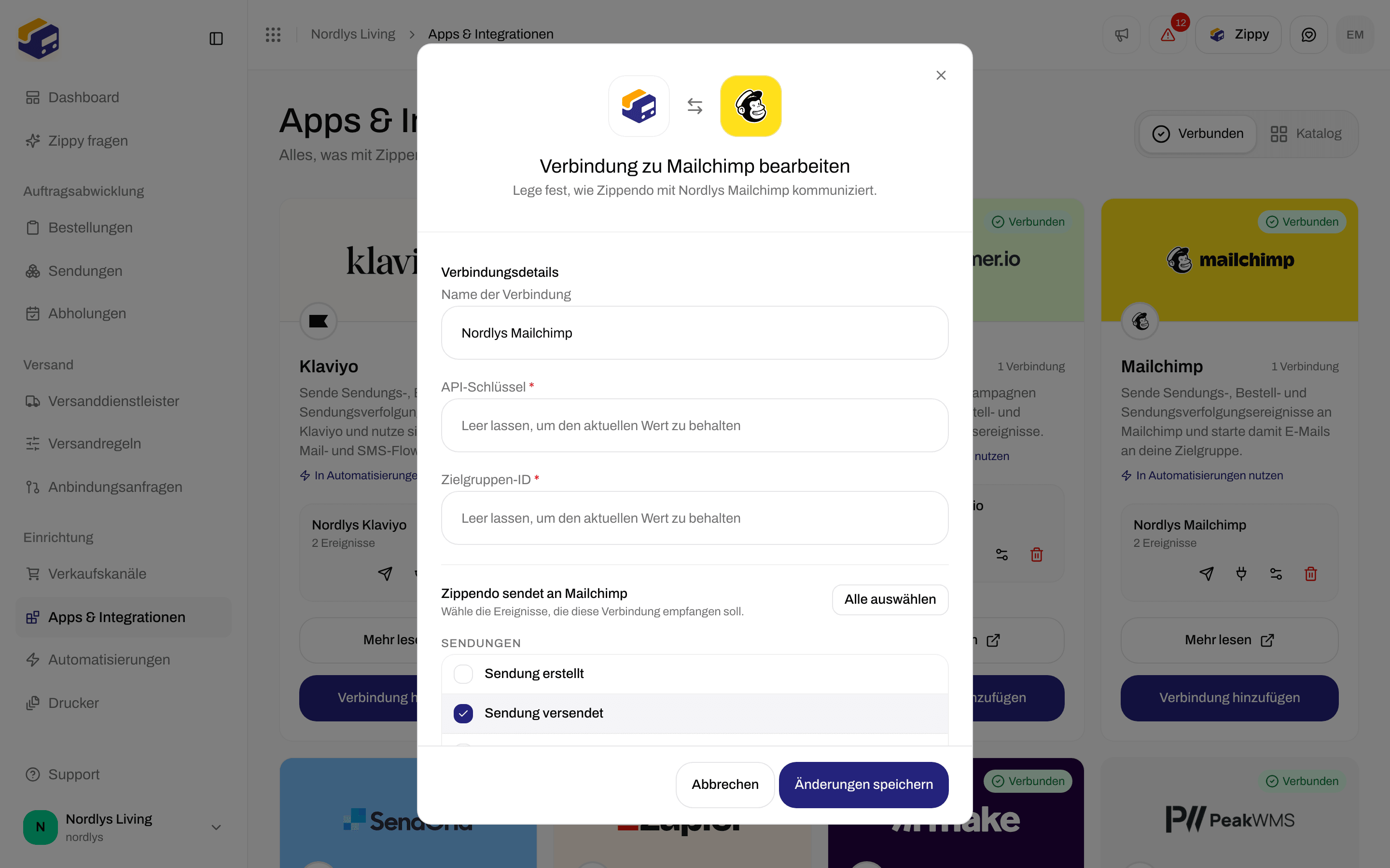 Bearbeitungsfenster für eine Mailchimp-Verbindung mit dem Namen der Verbindung, leeren Feldern für API-Schlüssel und Zielgruppen-ID und den Ereignissen