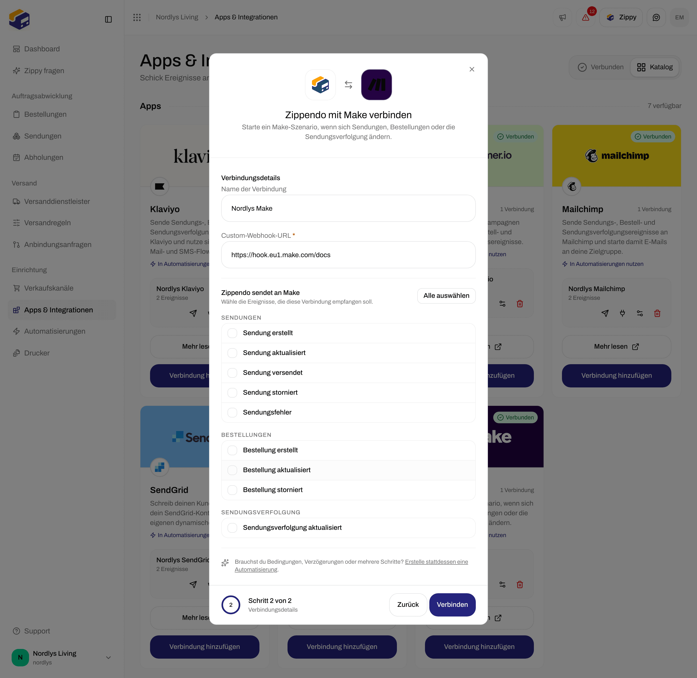 Verbindungsfenster für Make mit Name der Verbindung, Custom-Webhook-URL und Ereignis-Kontrollkästchen