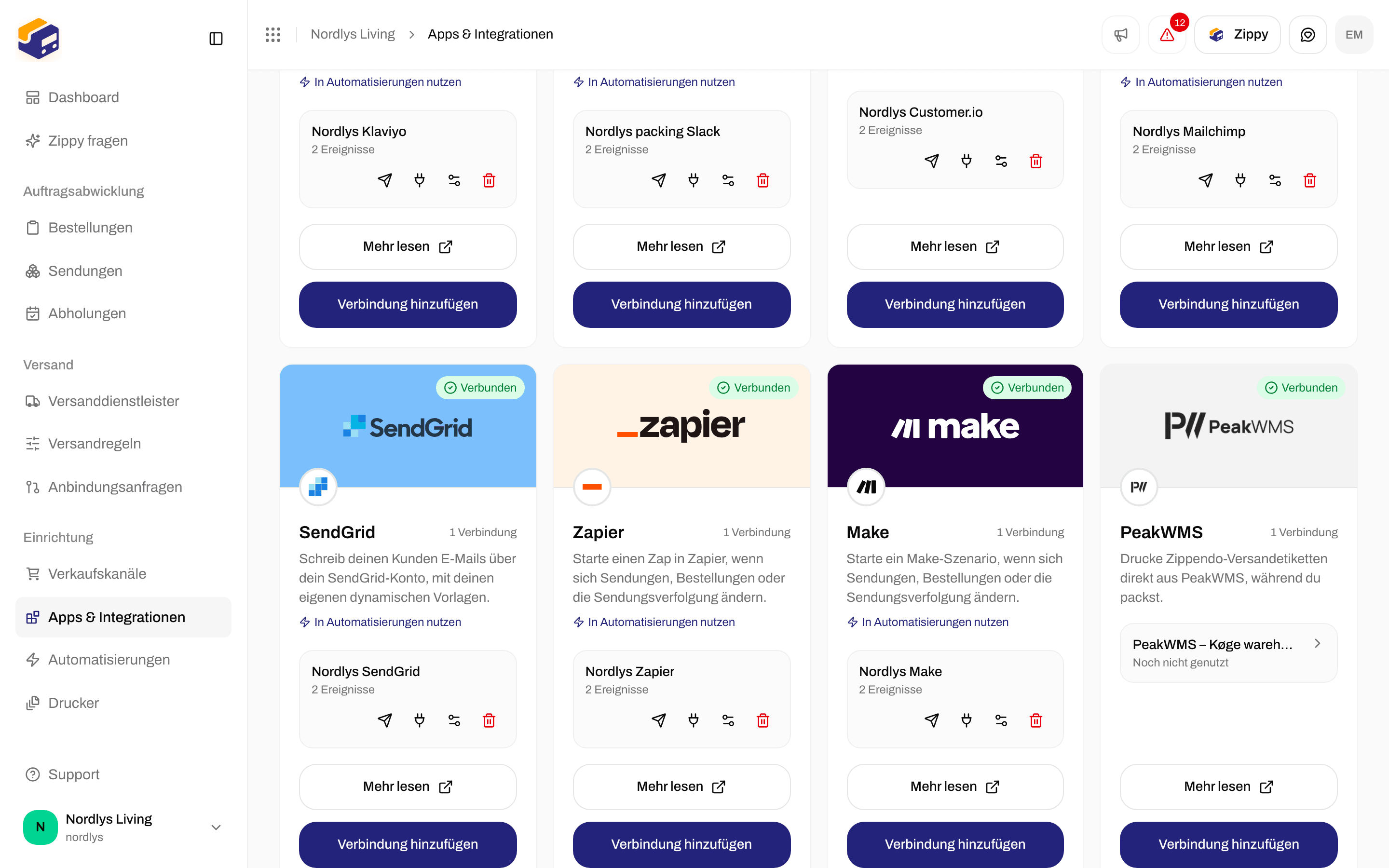 Tab Verbunden mit einer Make-Verbindung und den Symbolen für Test, Zustellprotokoll, Bearbeiten und Löschen