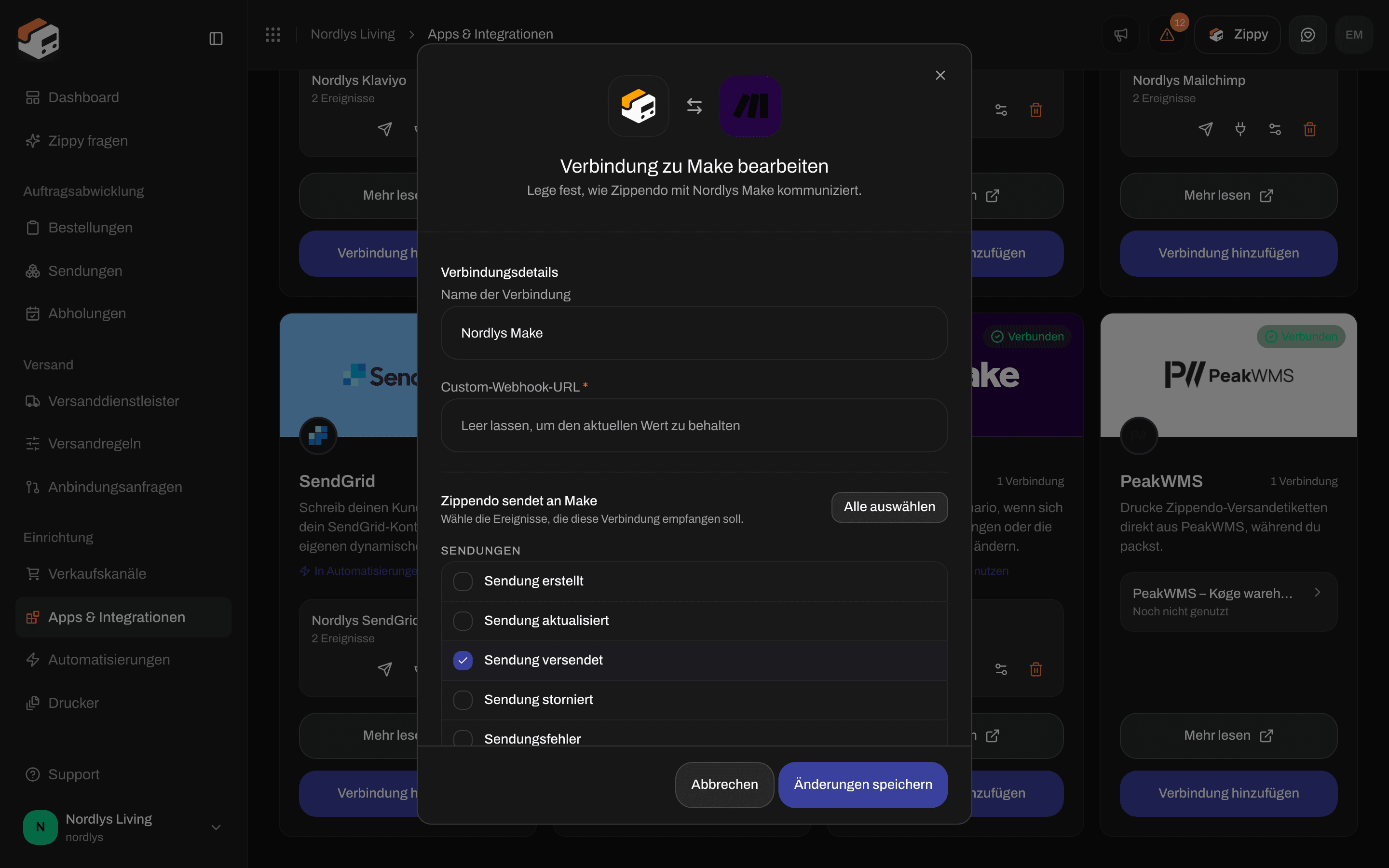 Bearbeitungsfenster für eine Make-Verbindung mit Name der Verbindung, einem leeren Webhook-Feld und den Ereignissen