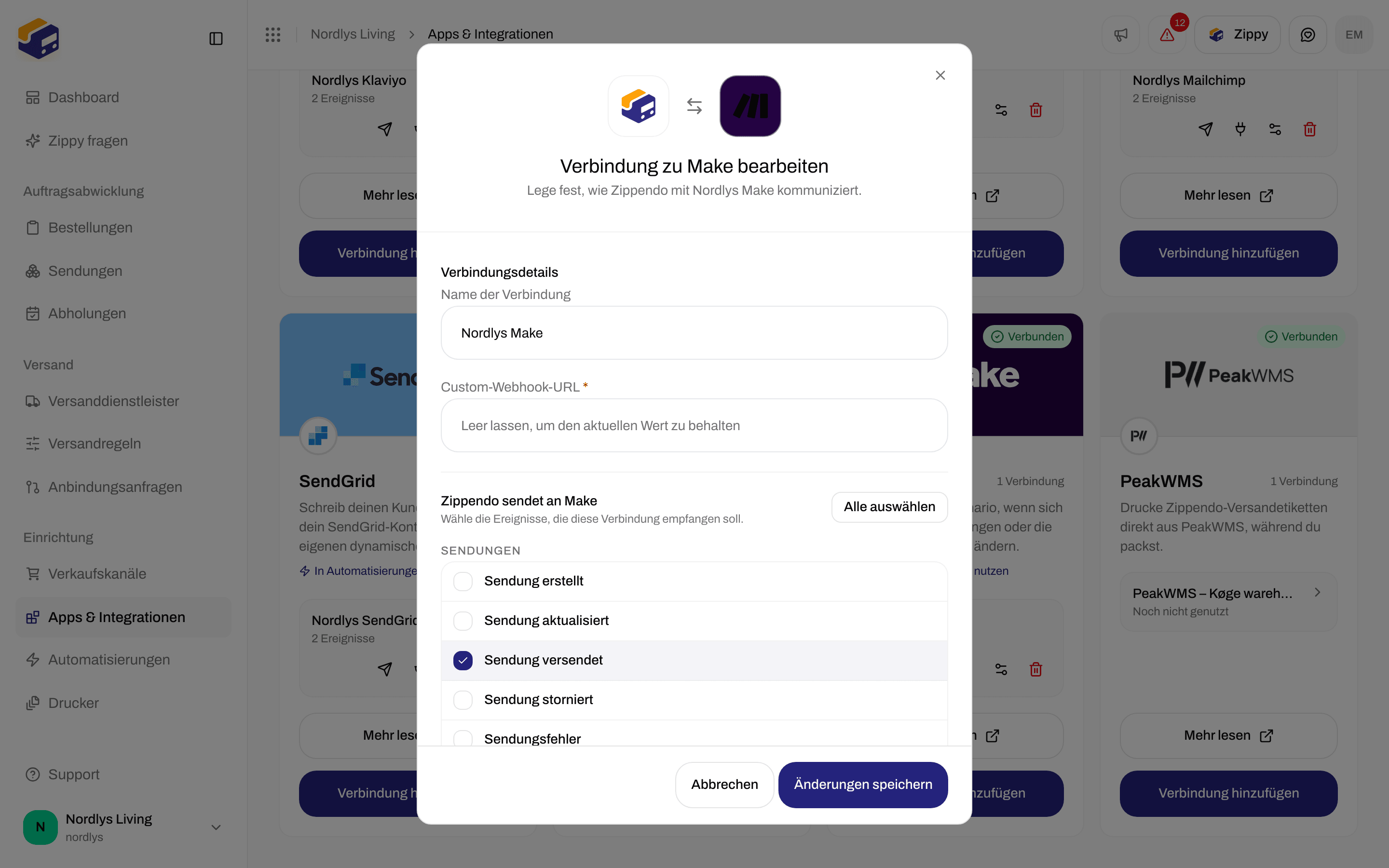 Bearbeitungsfenster für eine Make-Verbindung mit Name der Verbindung, einem leeren Webhook-Feld und den Ereignissen