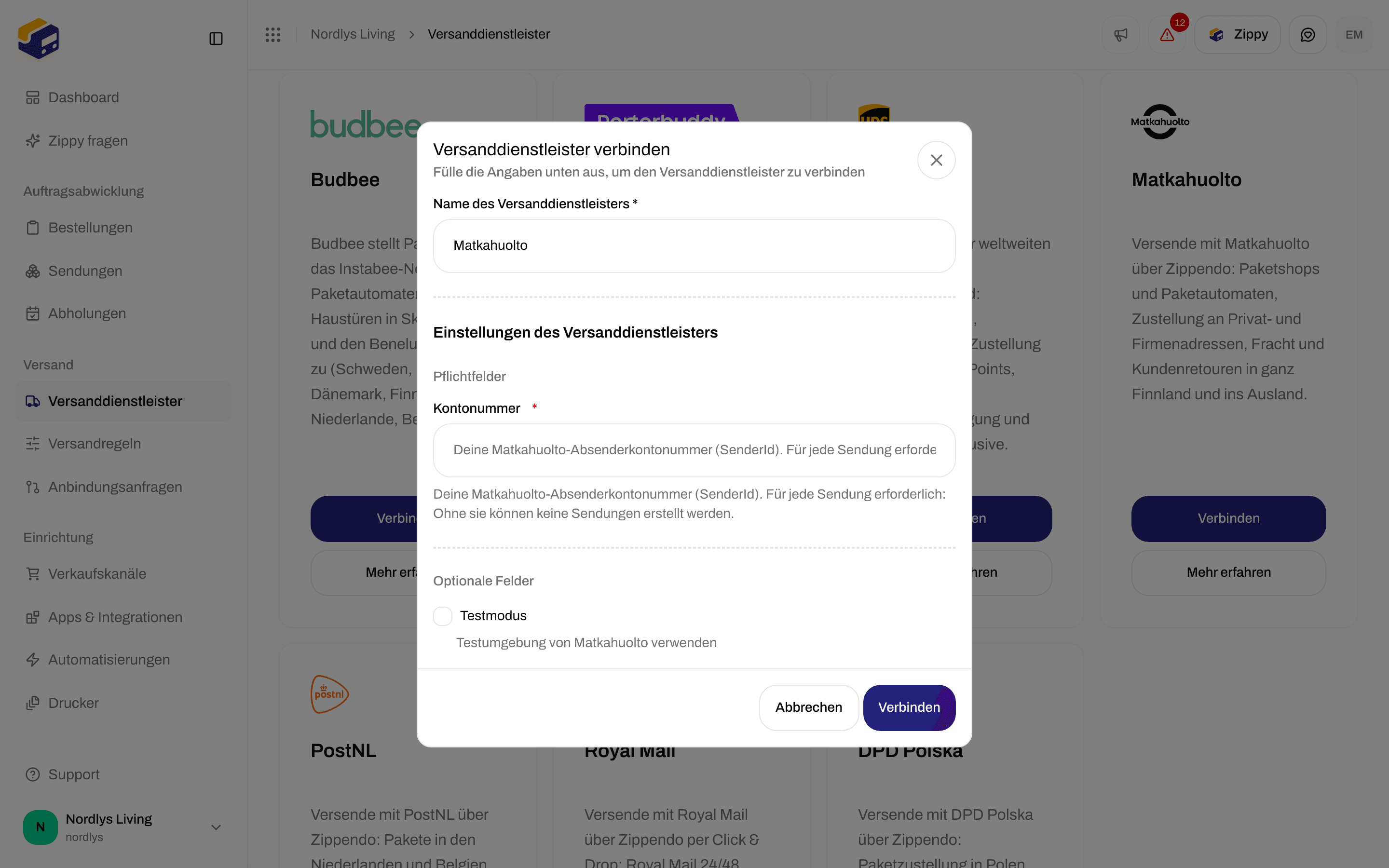 Fenster Versanddienstleister verbinden für Matkahuolto mit dem Feld Kontonummer und dem Kontrollkästchen Testmodus