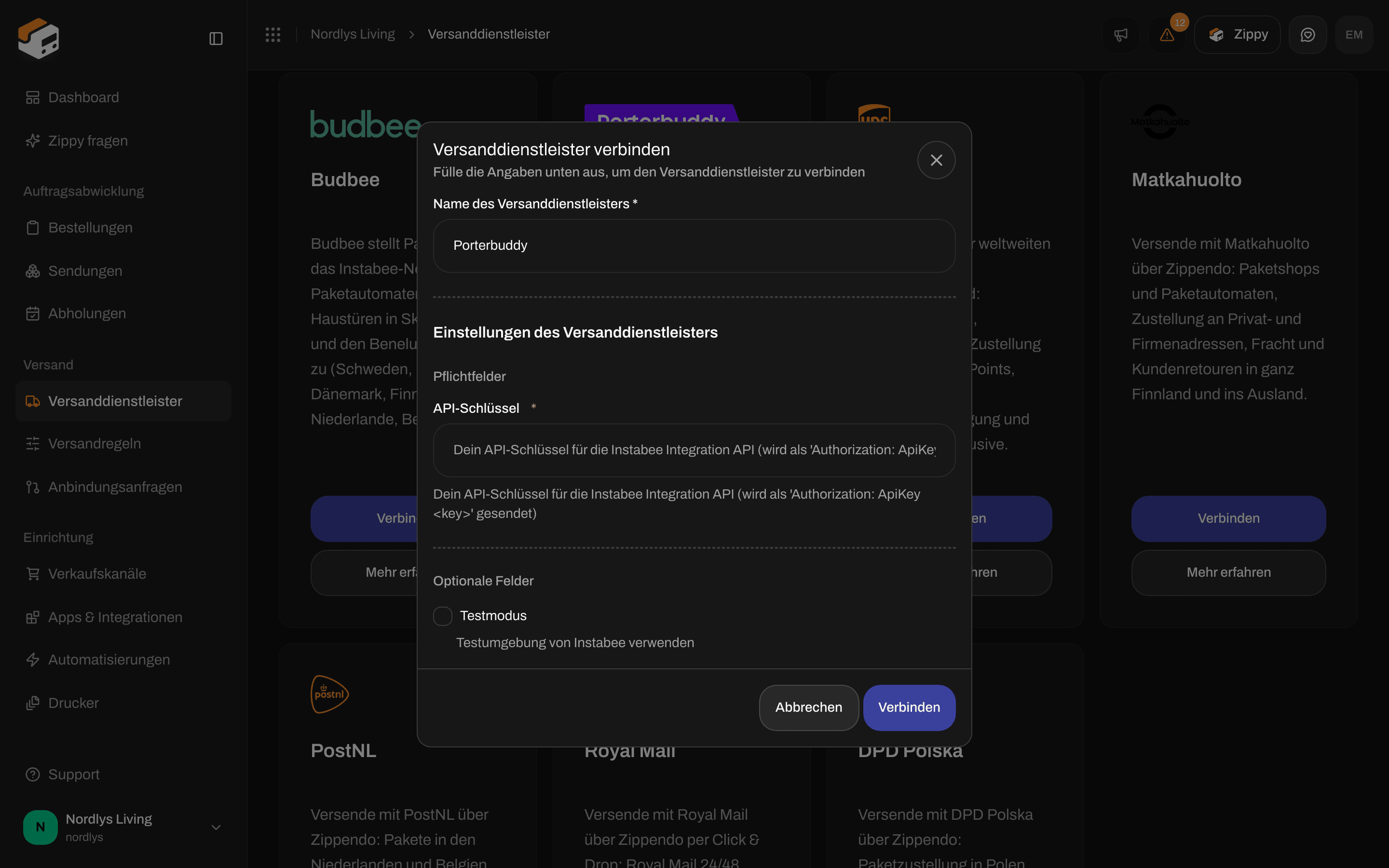 Fenster Versanddienstleister verbinden für Porterbuddy mit dem Feld API-Schlüssel und dem Kontrollkästchen Testmodus