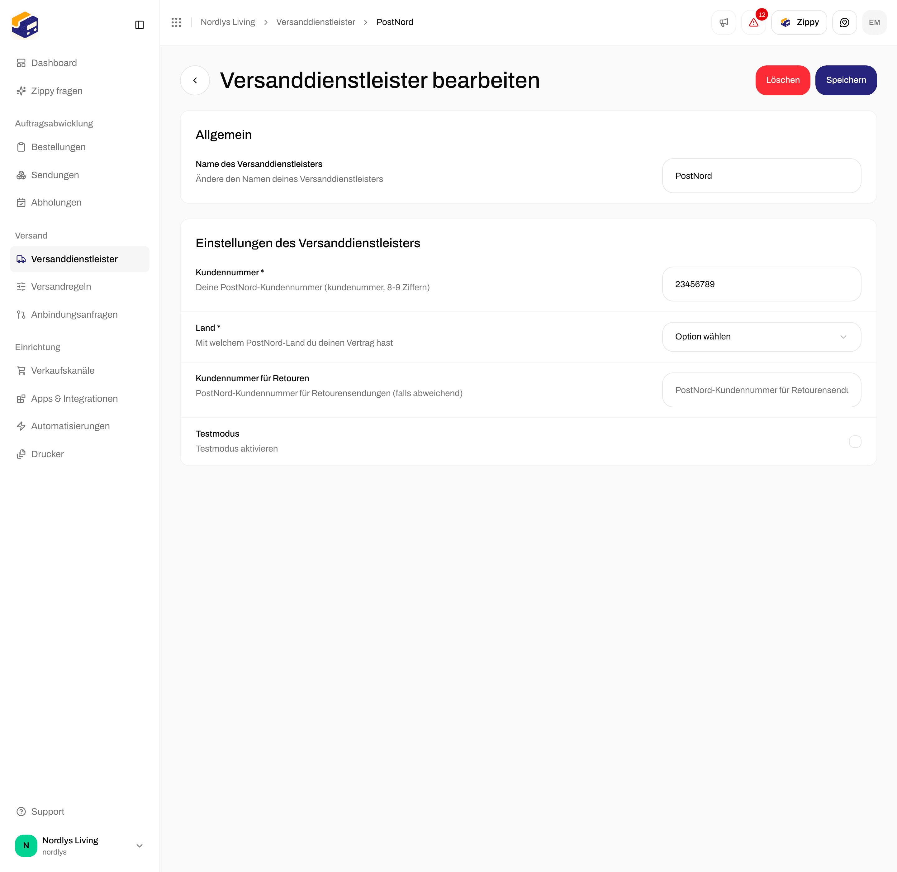 Seite „Versanddienstleister bearbeiten“ für PostNord mit Customer number, Land, Return customer number und Testmodus