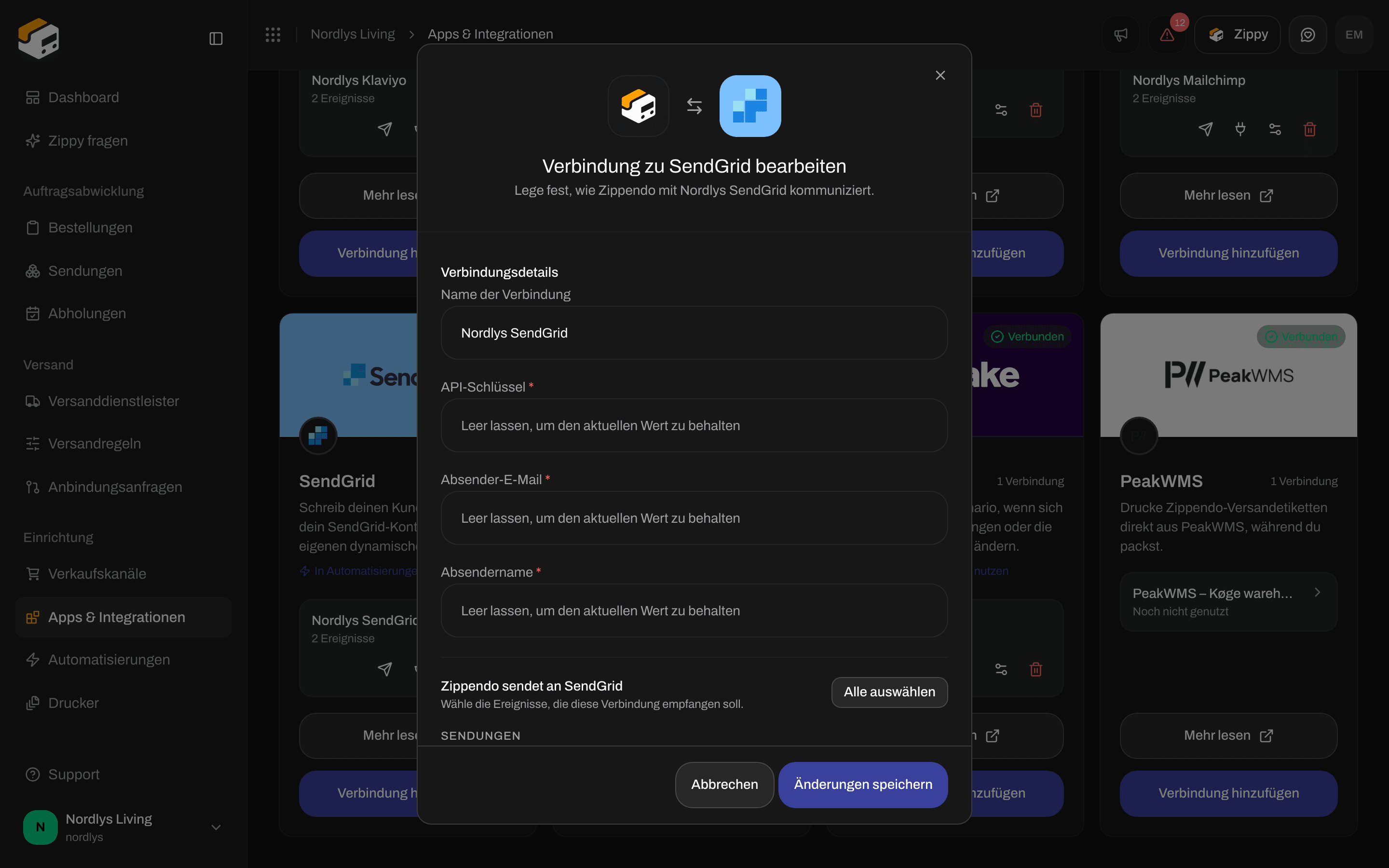 Bearbeitungsfenster für eine SendGrid-Verbindung mit Name der Verbindung, leeren Feldern API-Schlüssel, Absender-E-Mail und Absendername und den Ereignissen