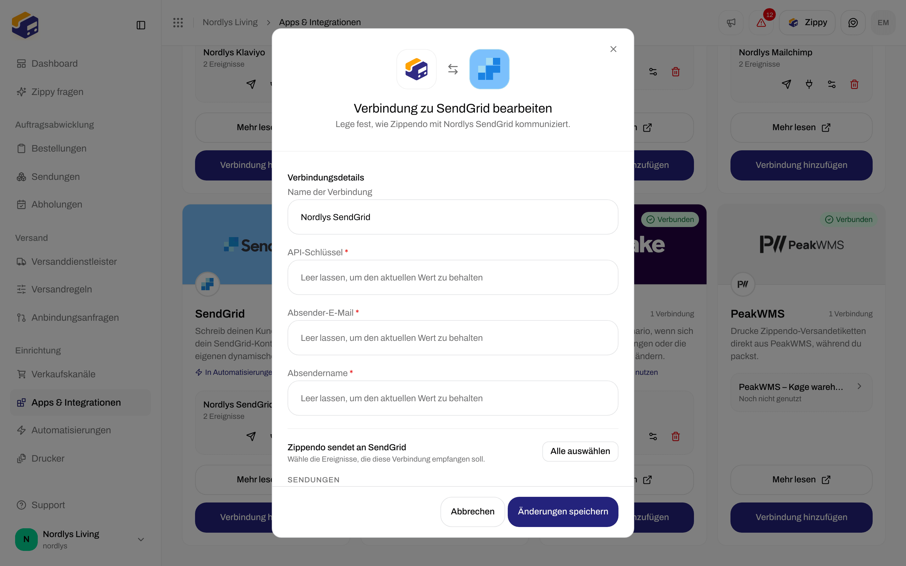 Bearbeitungsfenster für eine SendGrid-Verbindung mit Name der Verbindung, leeren Feldern API-Schlüssel, Absender-E-Mail und Absendername und den Ereignissen