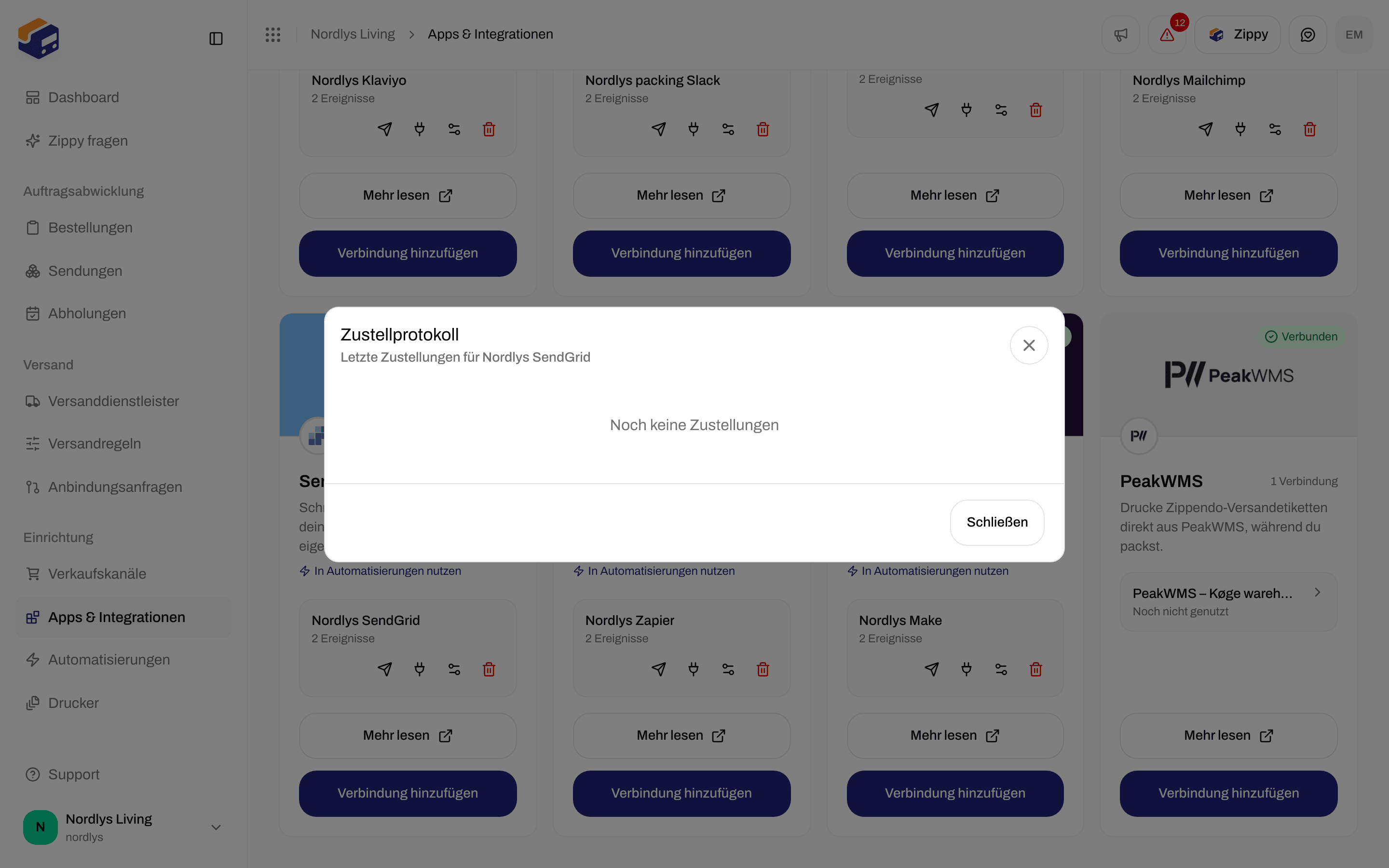 Fenster Zustellprotokoll für eine SendGrid-Verbindung mit dem Hinweis Noch keine Zustellungen