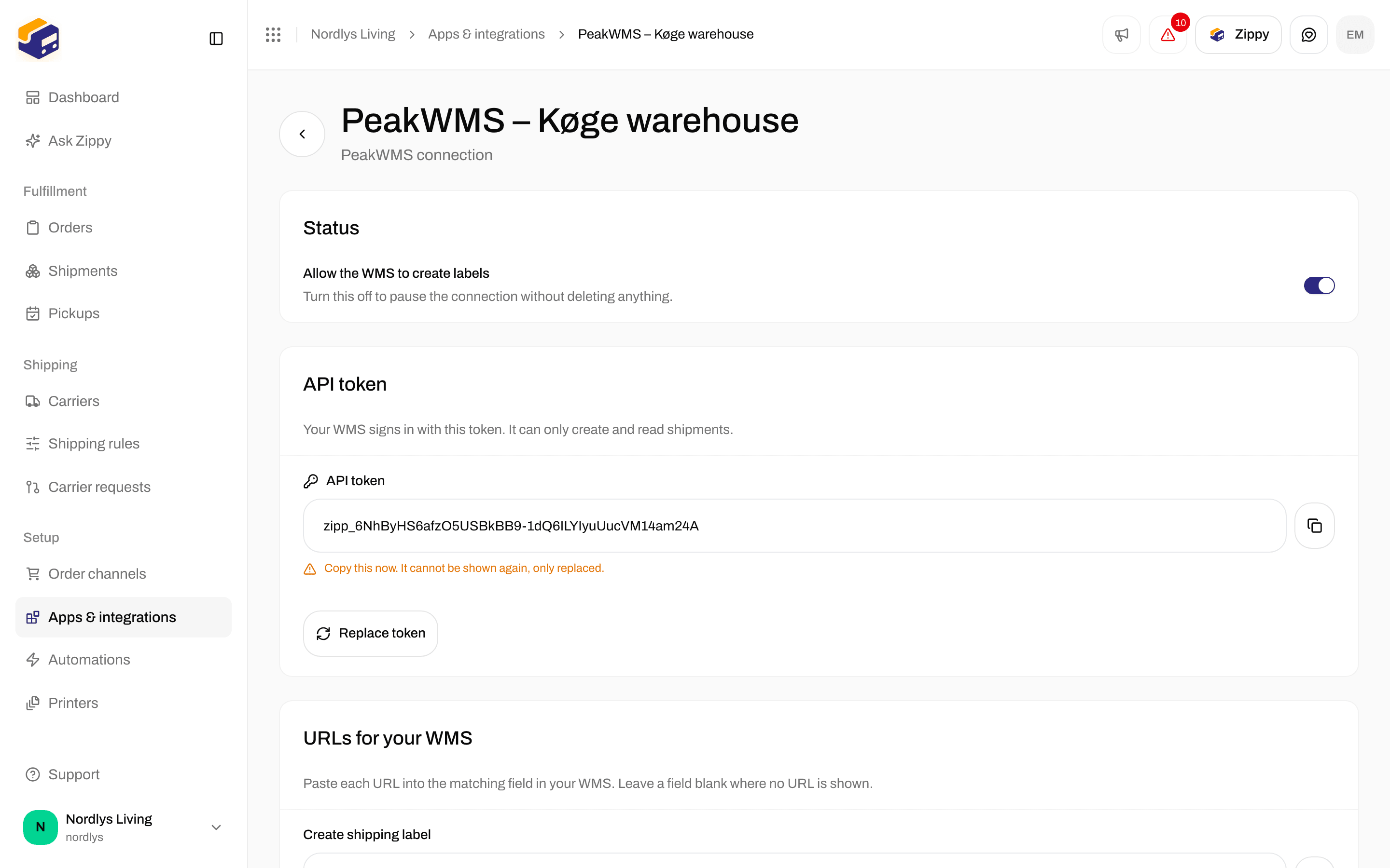 Connection page showing the API token once, with a copy button
