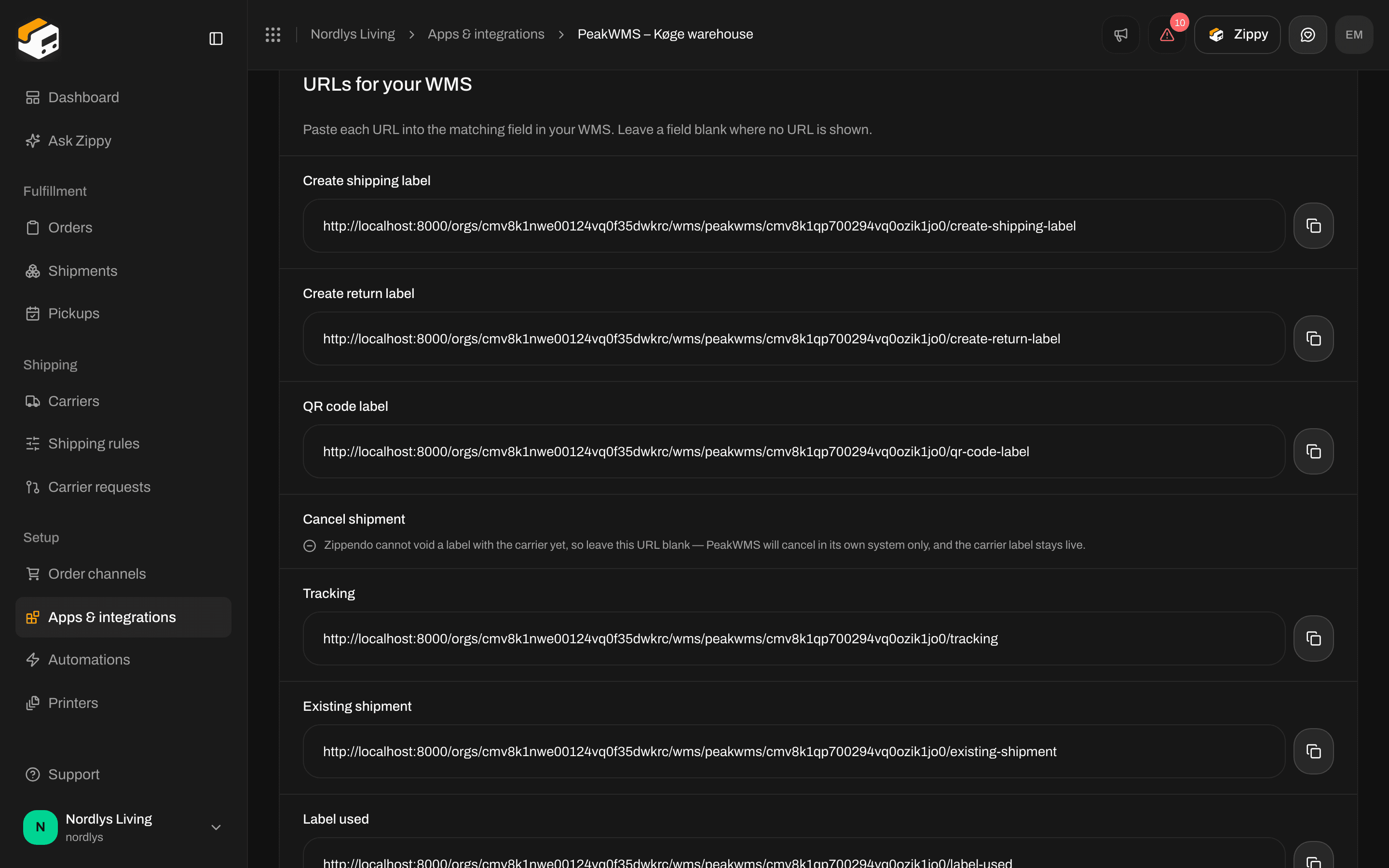 URLs for your WMS section listing the web addresses to paste into PeakWMS