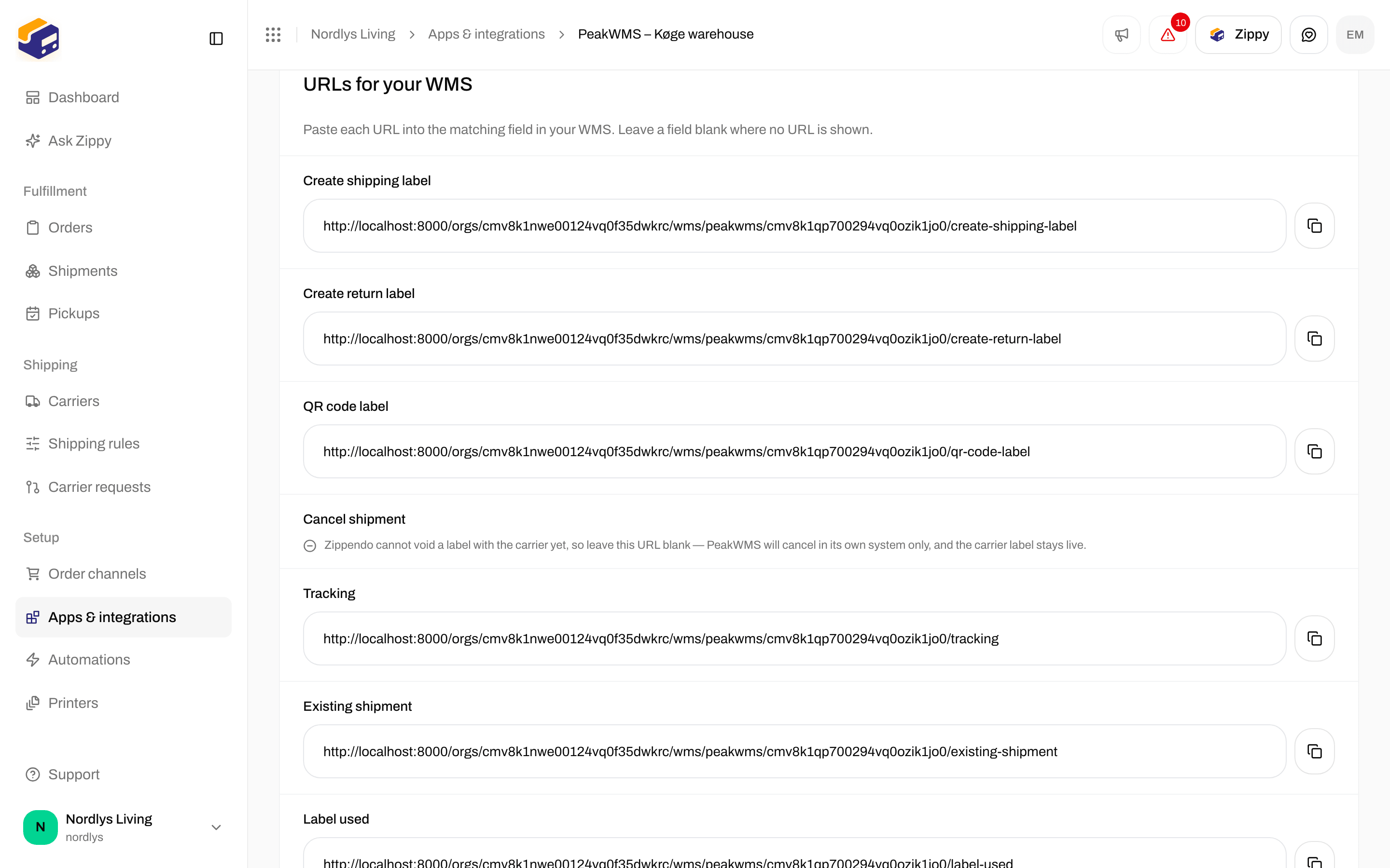 URLs for your WMS section listing the web addresses to paste into PeakWMS