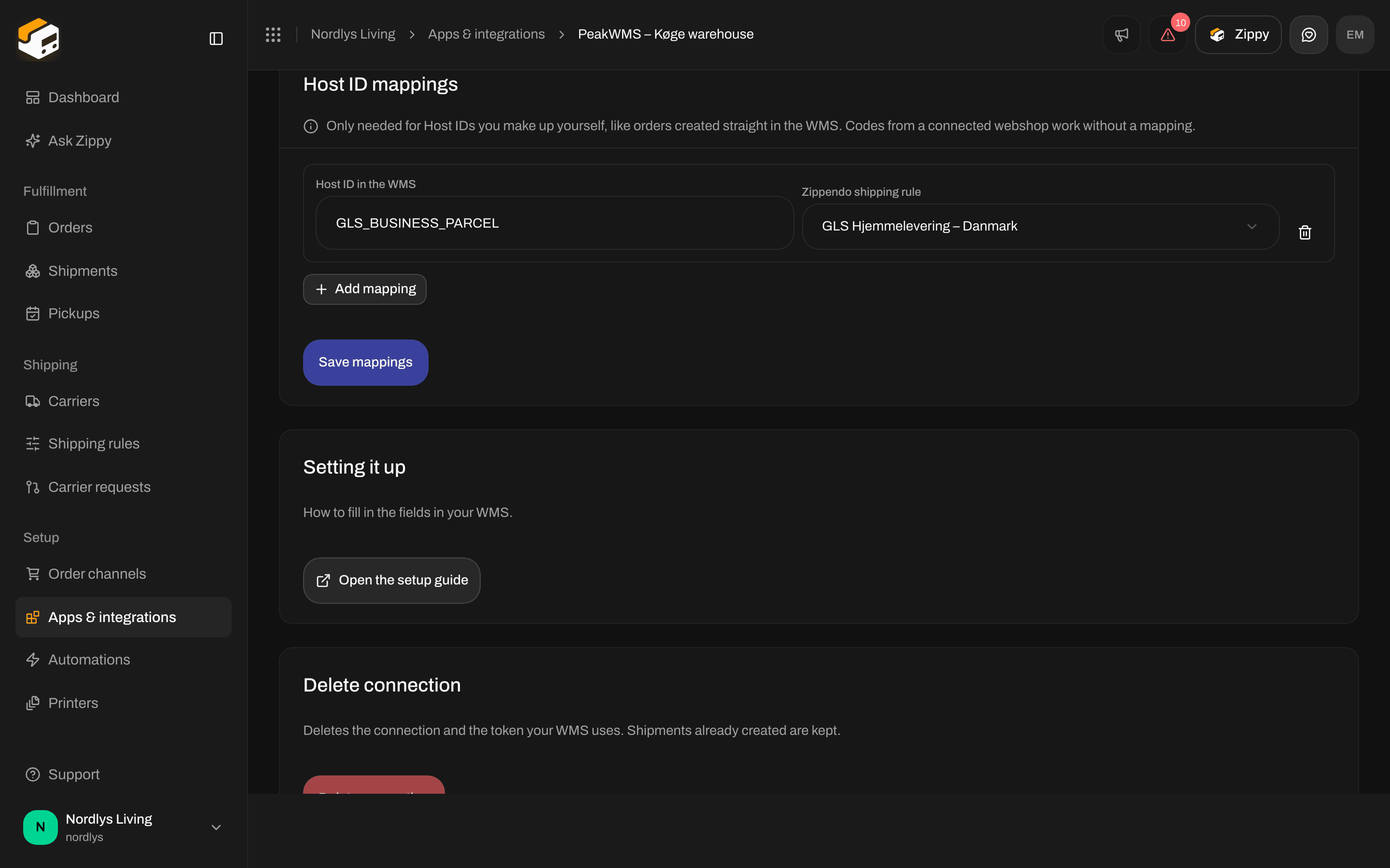Host ID mappings section with GLS_BUSINESS_PARCEL mapped to a GLS home delivery shipping rule