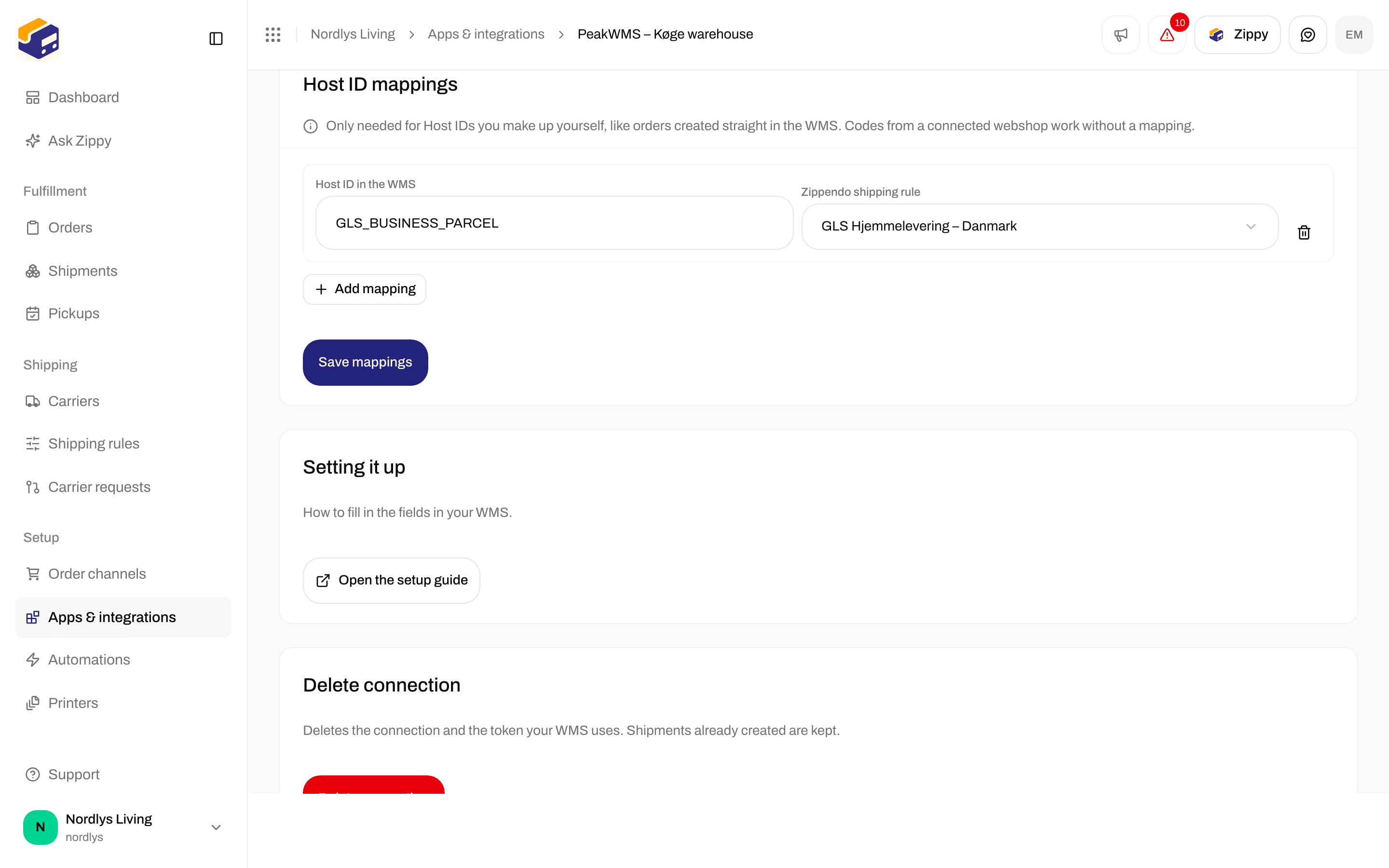 Host ID mappings section with GLS_BUSINESS_PARCEL mapped to a GLS home delivery shipping rule