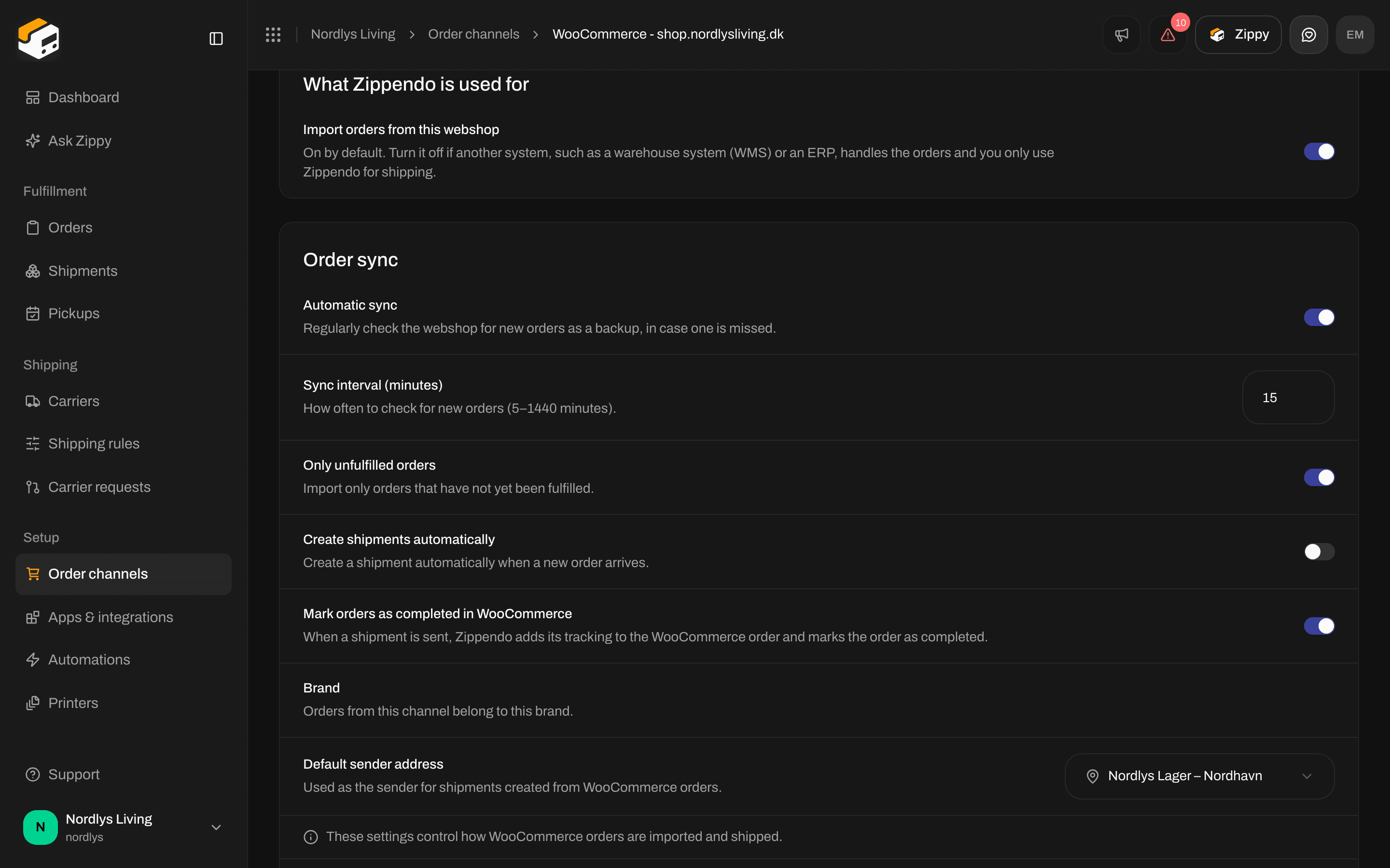 Order channel settings with the What Zippendo is used for section and its import switch