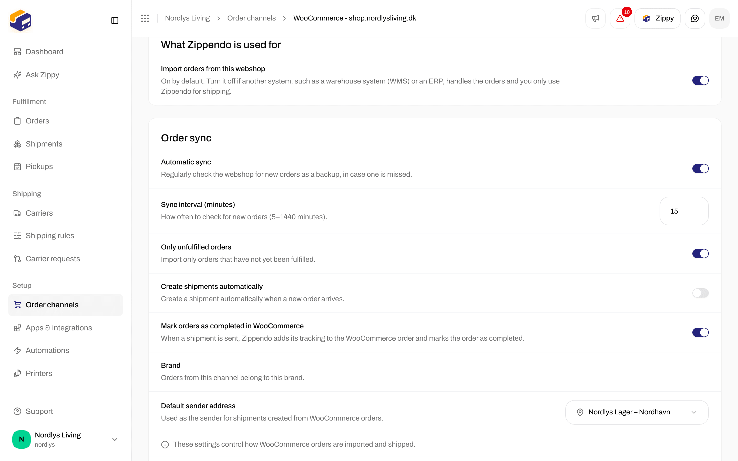 Order channel settings with the What Zippendo is used for section and its import switch