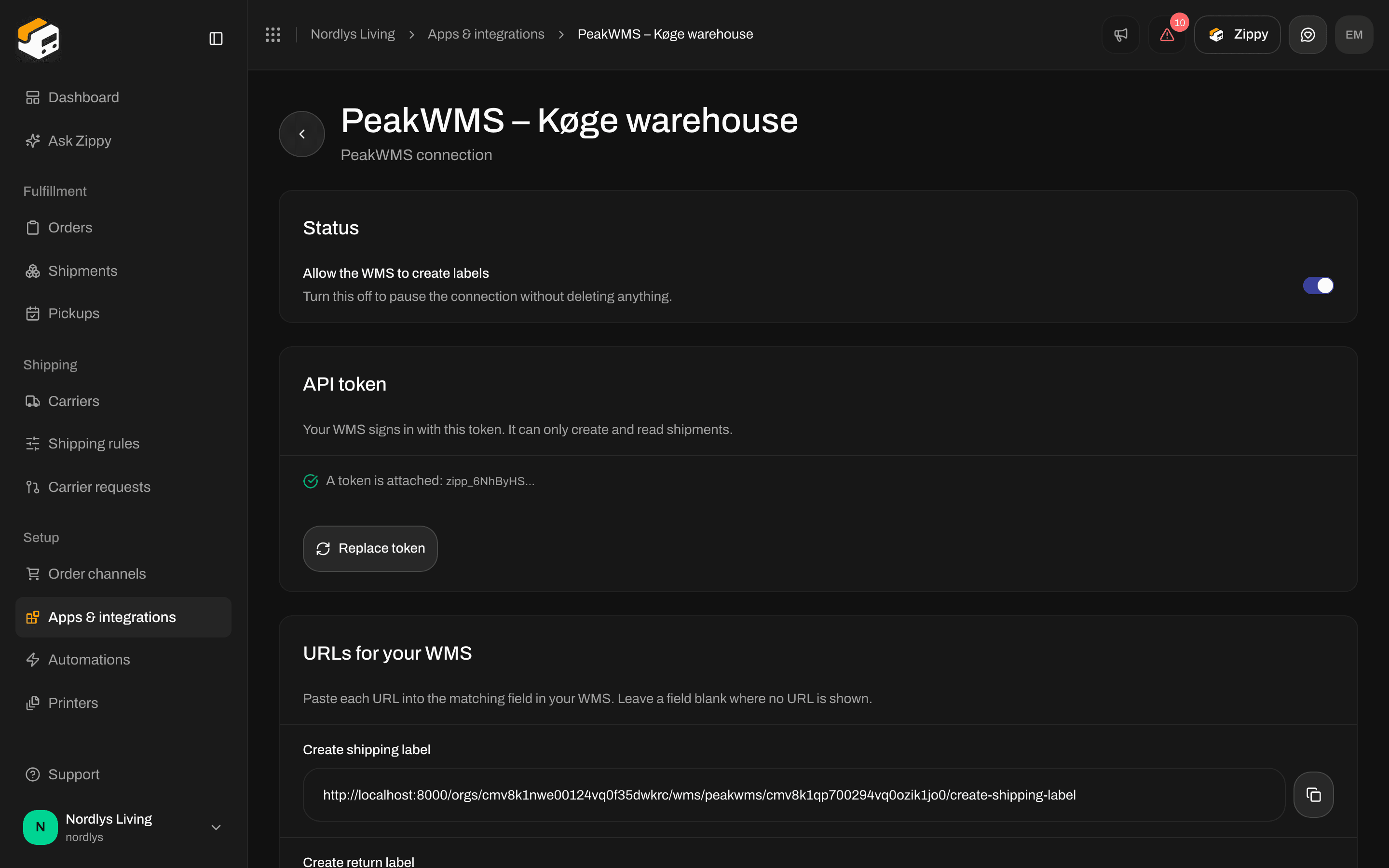 Connection page with the Status section and the Allow the WMS to create labels switch turned on