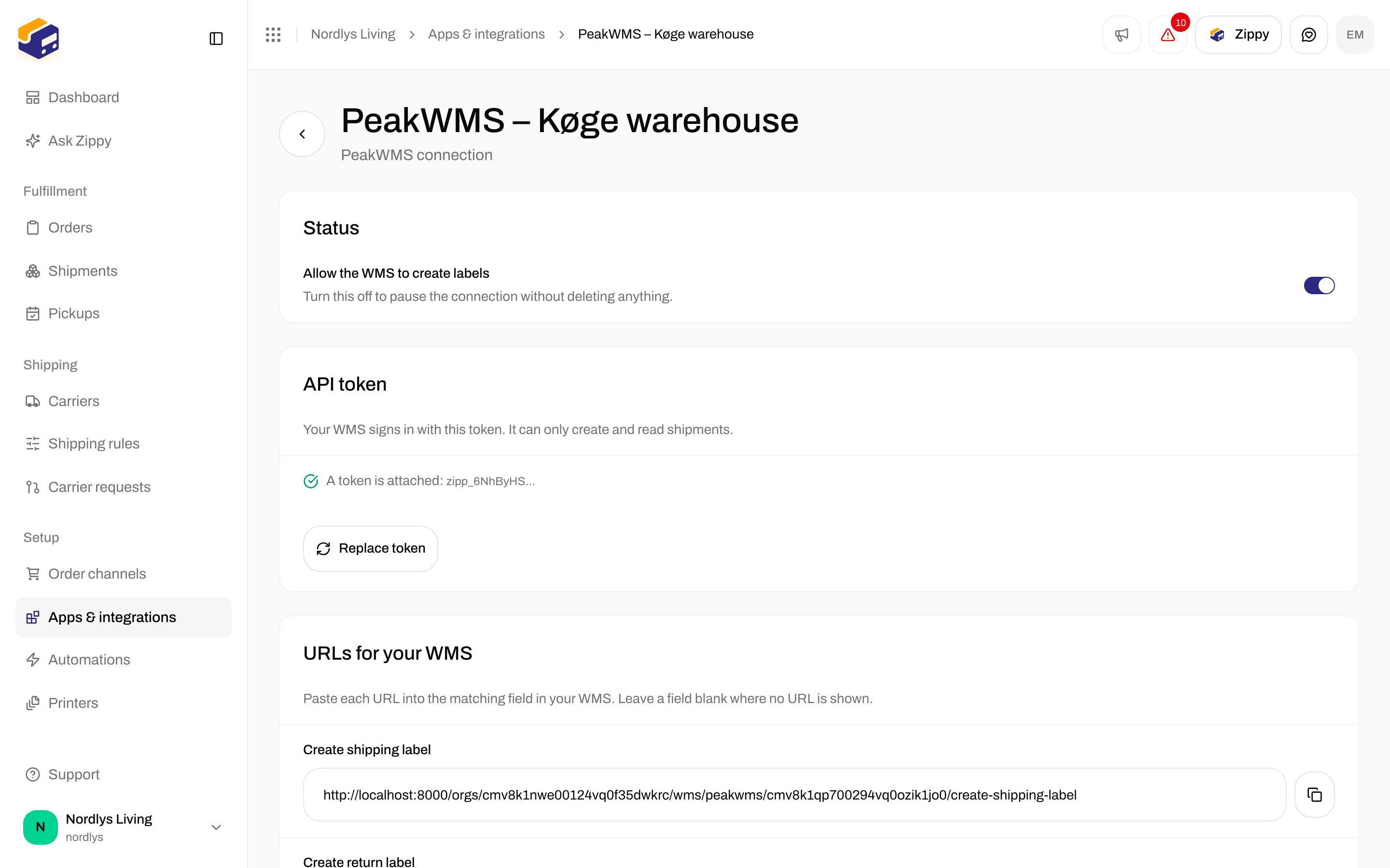 Connection page with the Status section and the Allow the WMS to create labels switch turned on