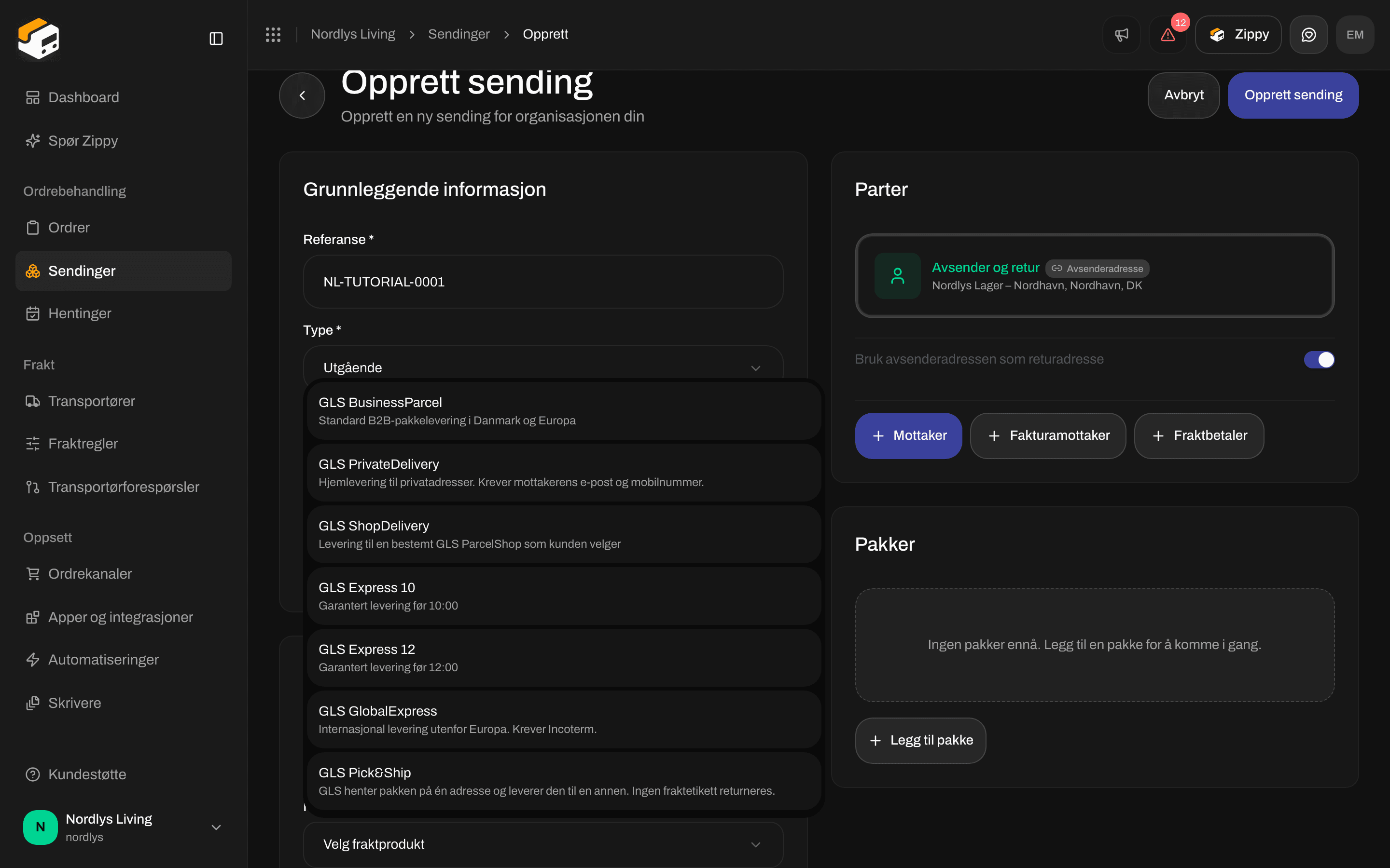 Opprett sending med produktlisten for GLS Denmark åpen