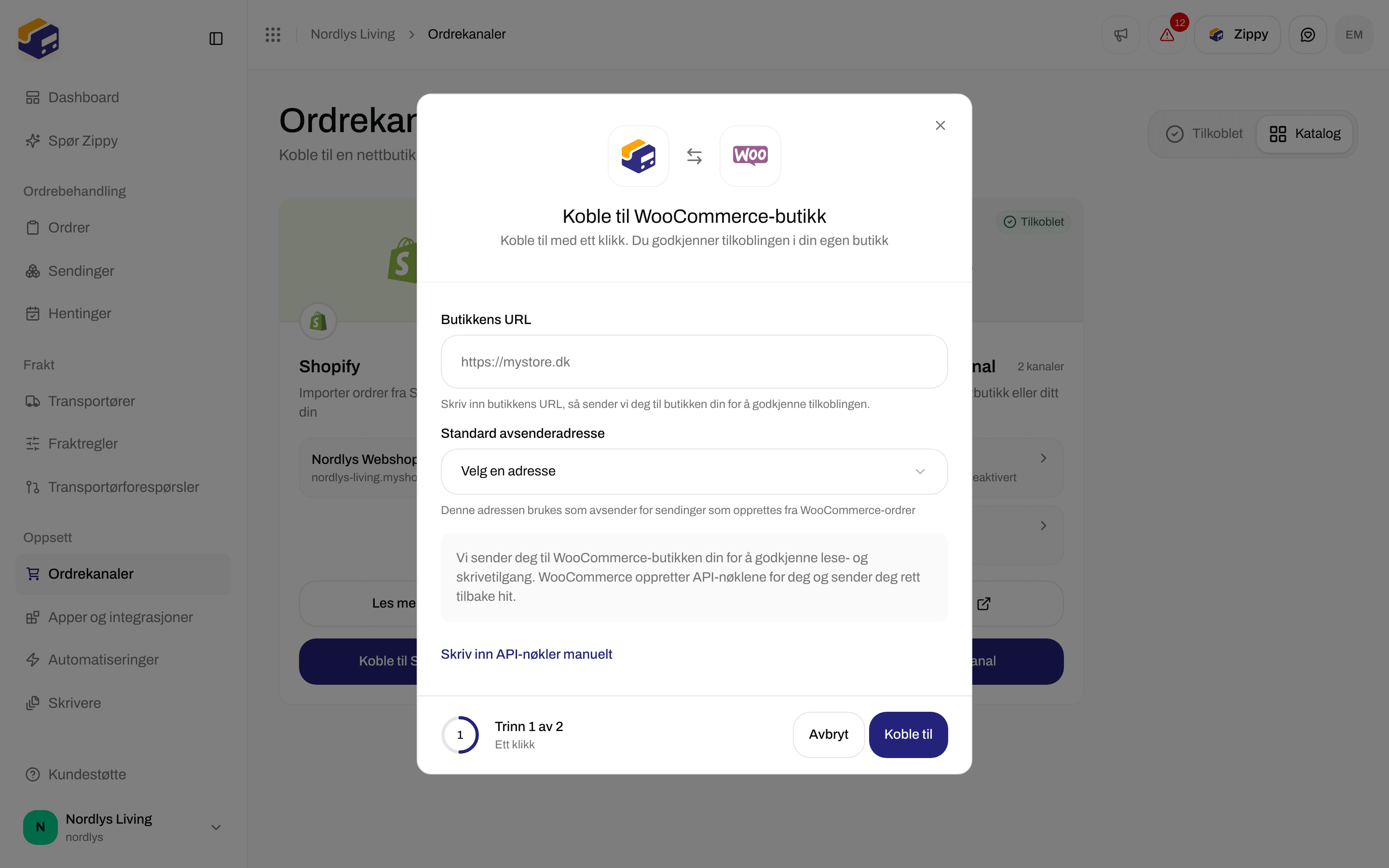 Vinduet Koble til WooCommerce-butikken med Butikkens URL, Standard avsenderadresse og Koble til