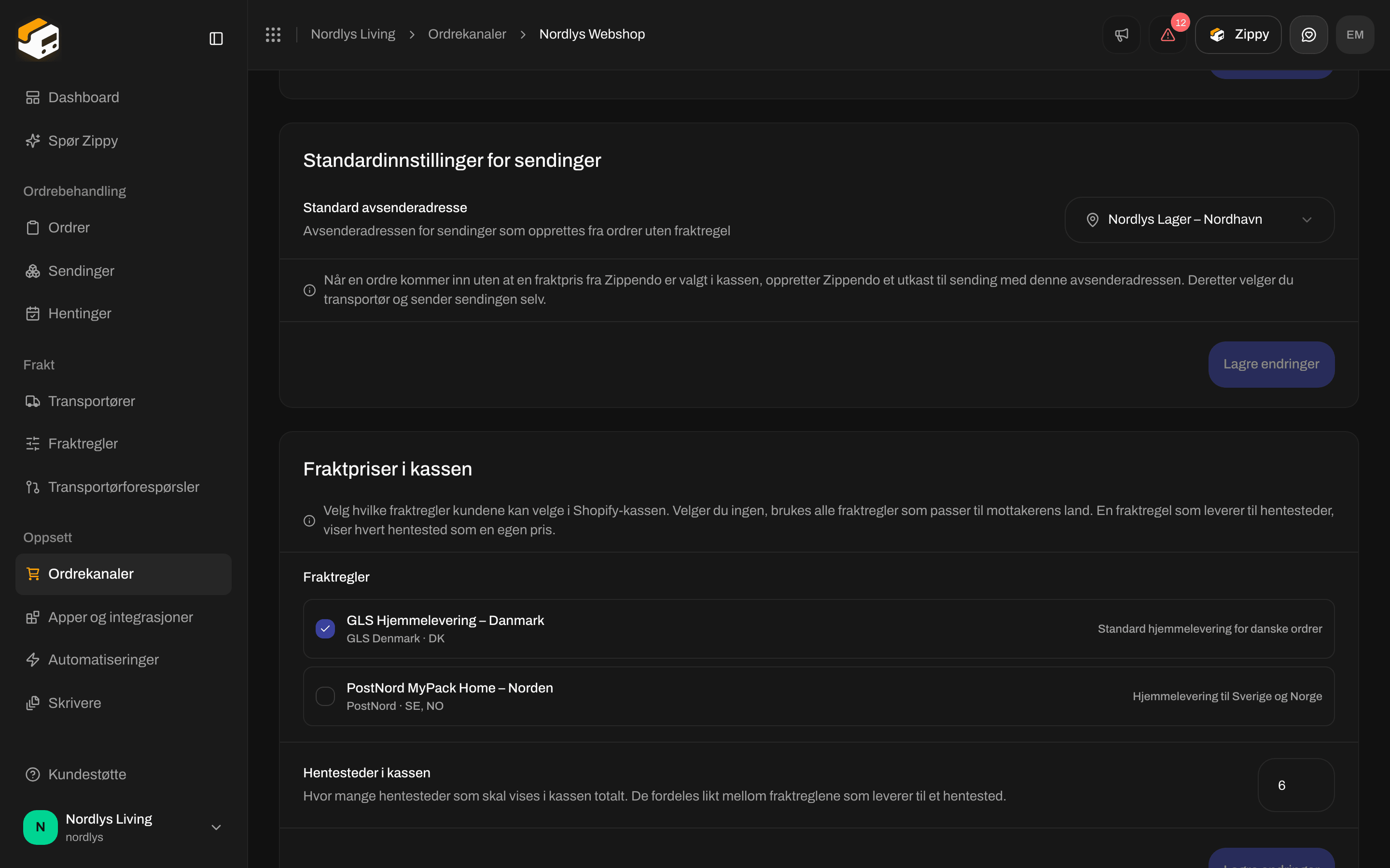 Fraktpriser i kassen med én fraktregel avhuket og én ikke avhuket