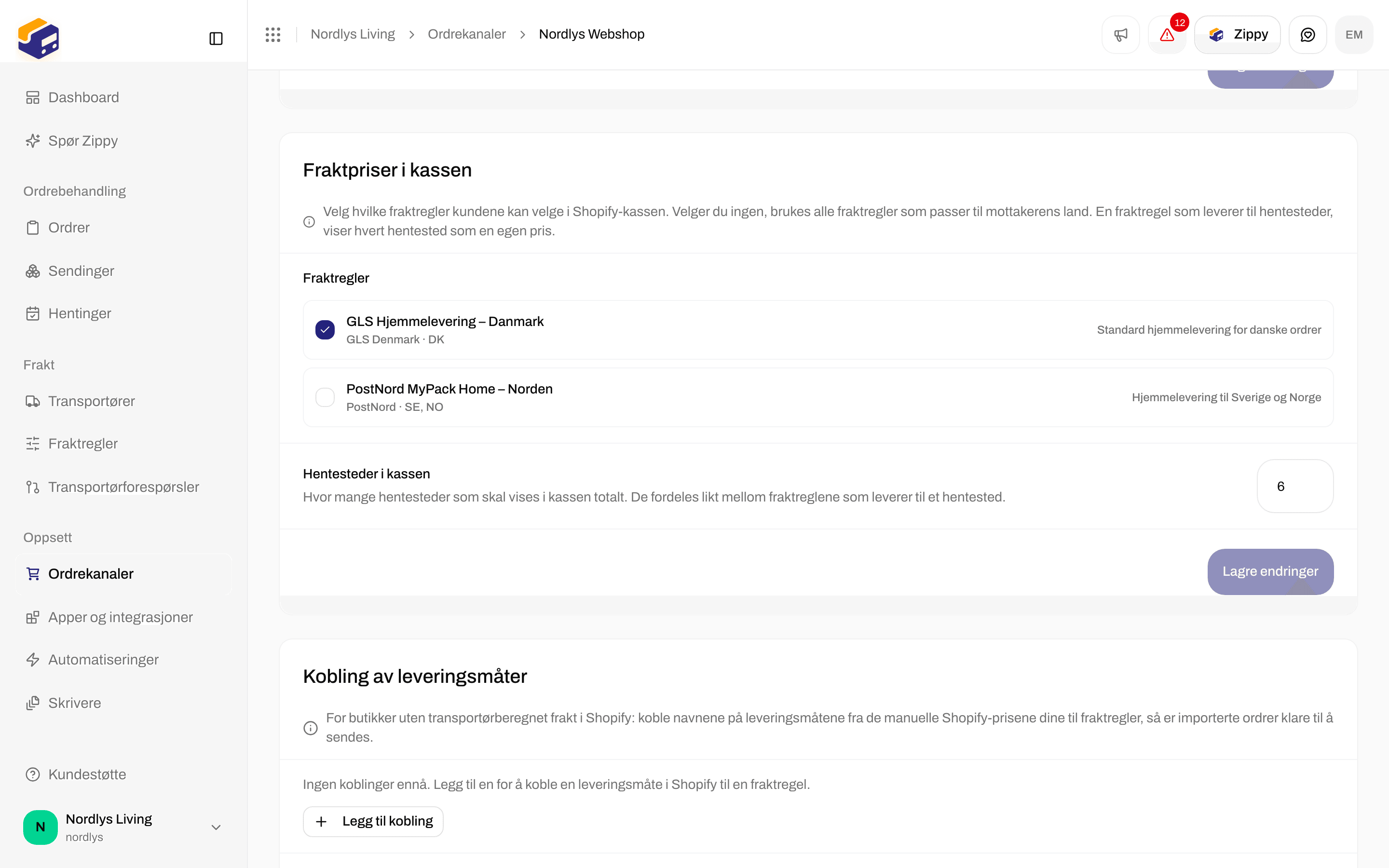 Hentesteder i kassen satt til 6, med en tom seksjon Kobling av leveringsmåter nedenfor