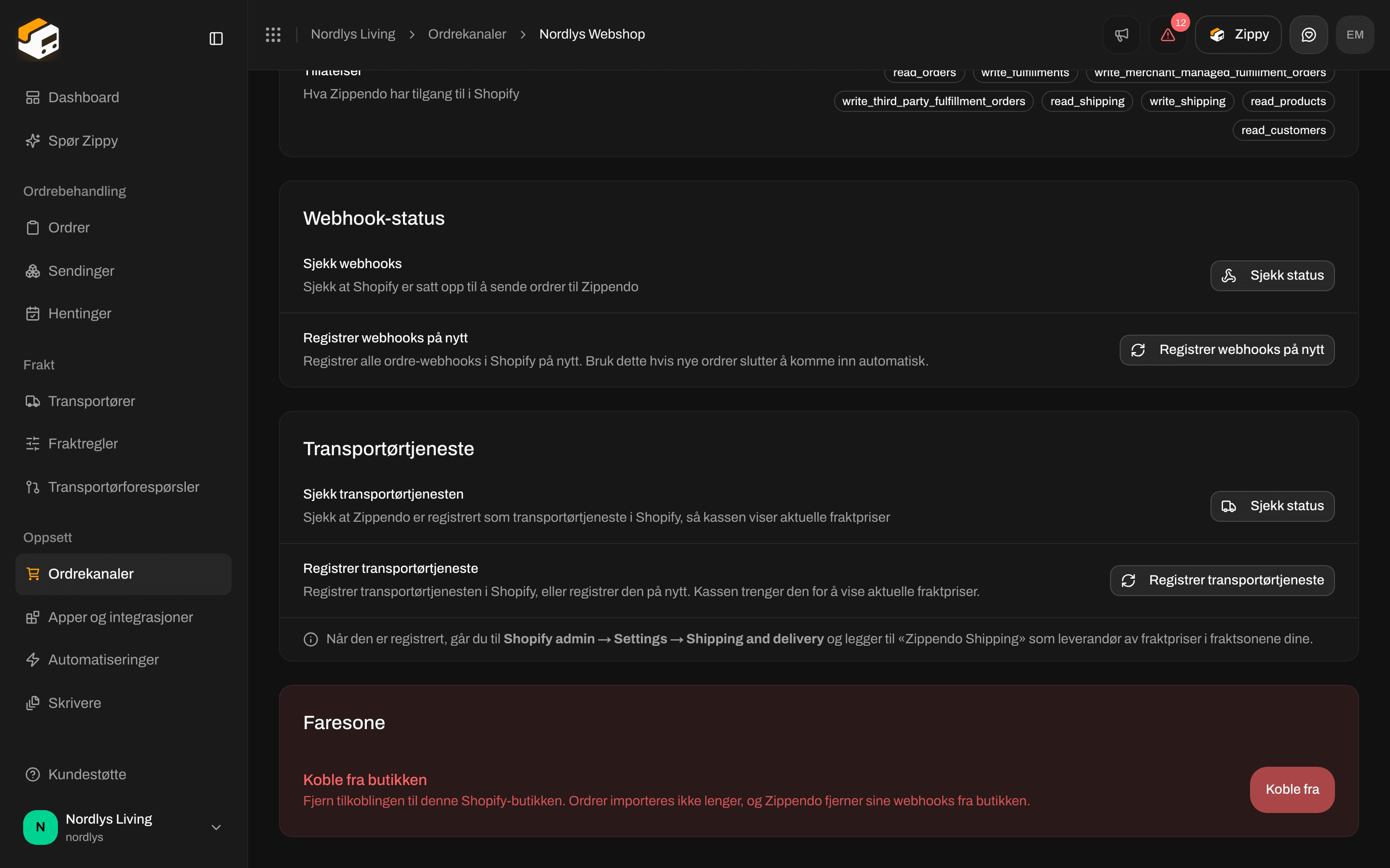 Kortet Transportørtjeneste med Sjekk status og Registrer transportørtjeneste, og faresonen nedenfor