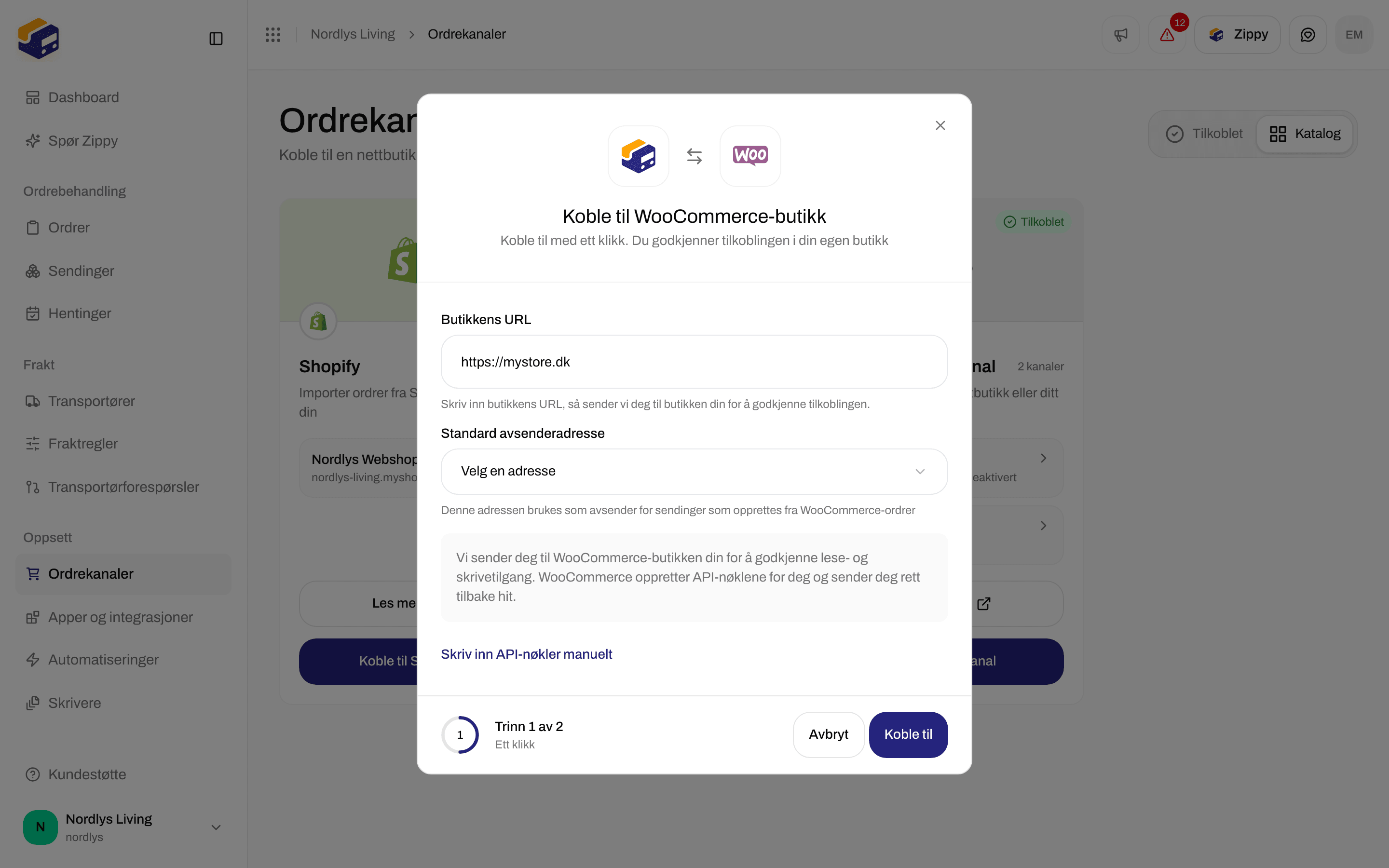 Vinduet Koble til WooCommerce-butikk med Butikkens URL, Standard avsenderadresse og Koble til
