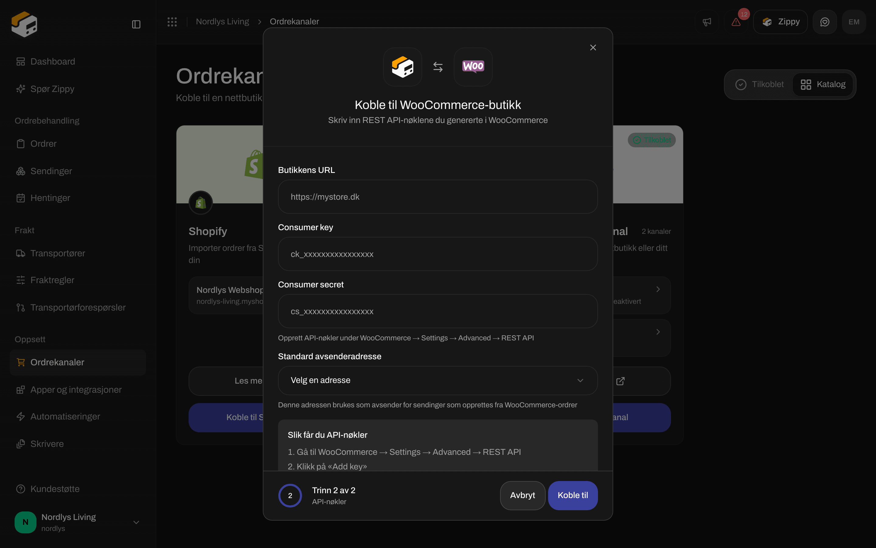 Vinduet Koble til WooCommerce-butikk på trinnet API-nøkler