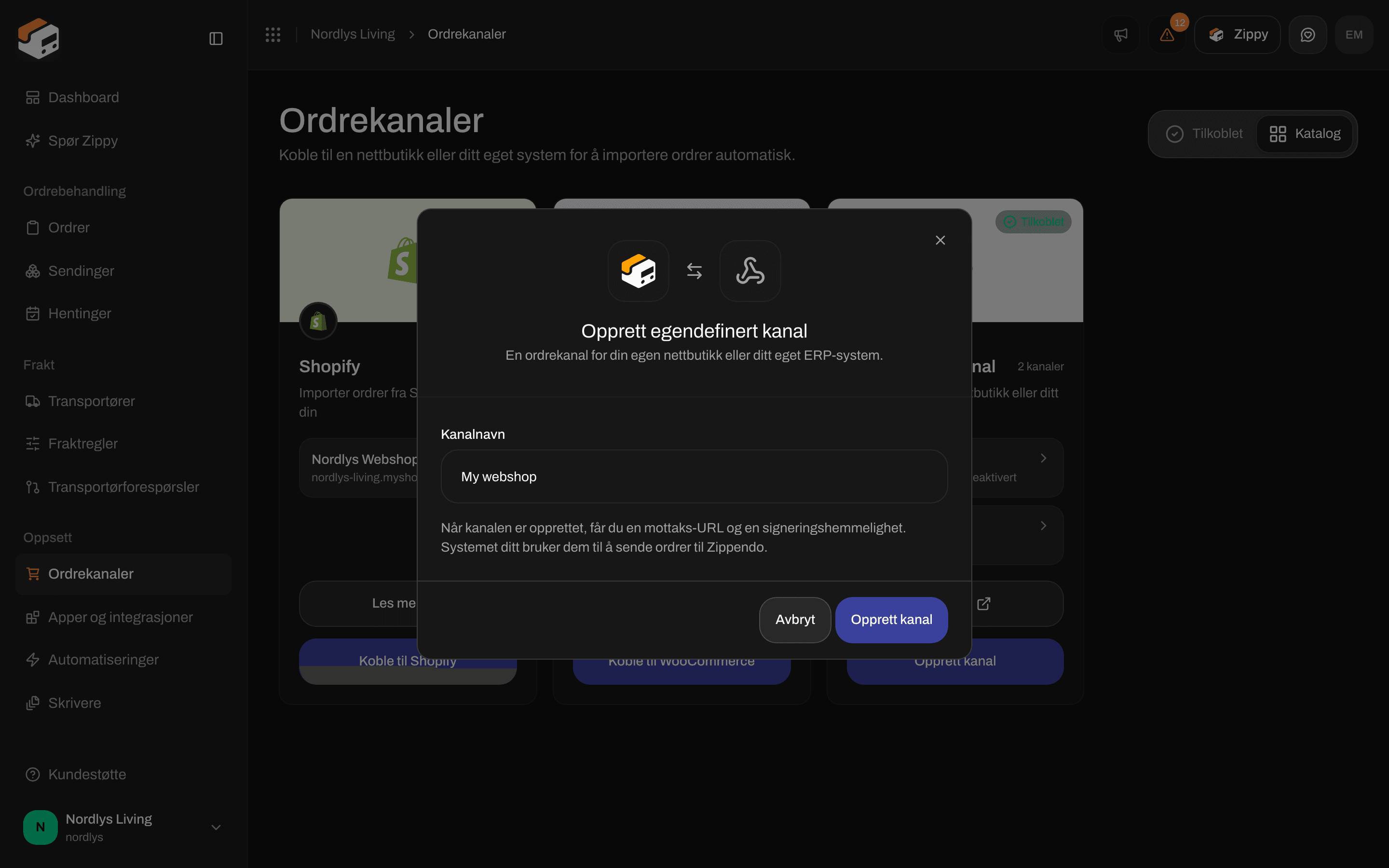 Vinduet Opprett egendefinert kanal med Kanalnavn My webshop