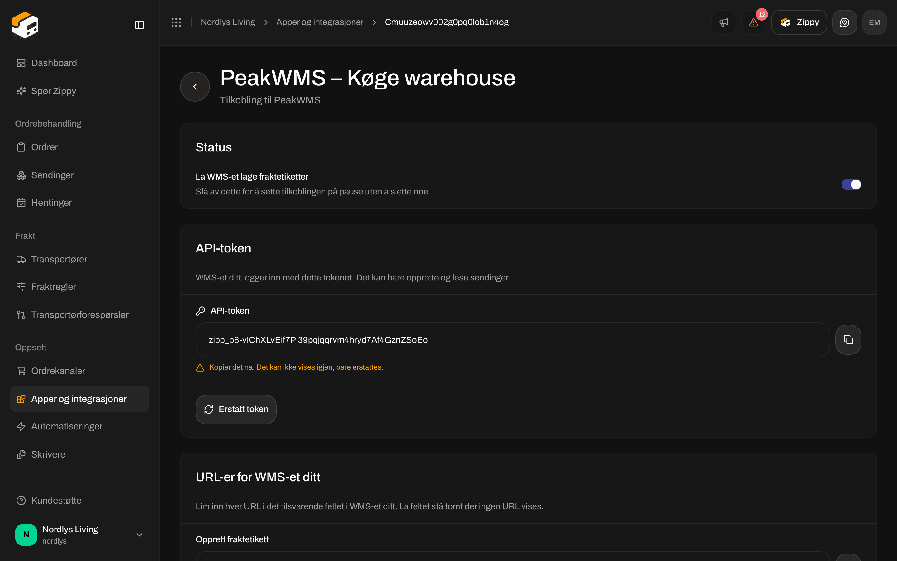 Seksjonen API-token på tilkoblingssiden som viser API-tokenet én gang, med en kopieringsknapp