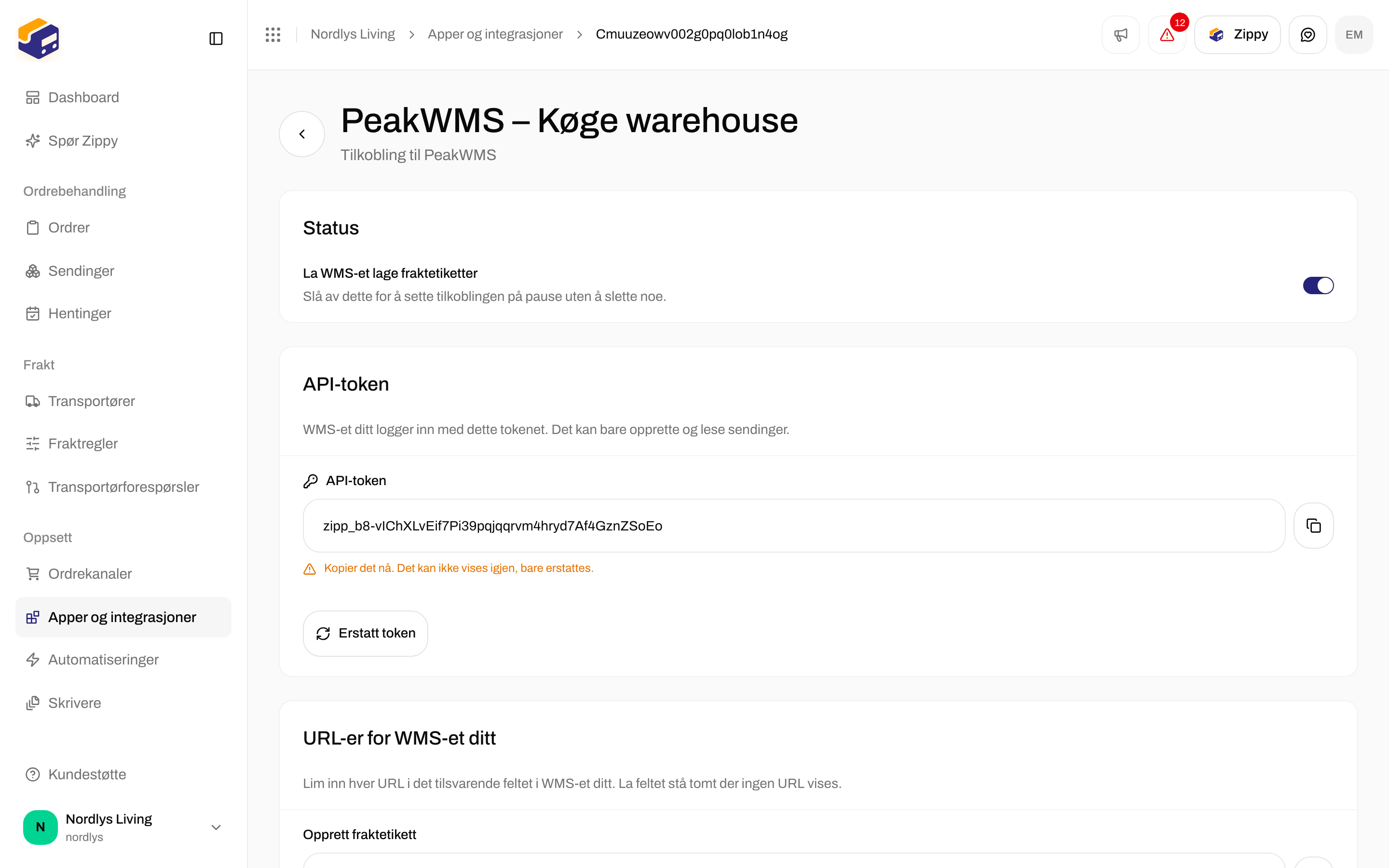 Seksjonen API-token på tilkoblingssiden som viser API-tokenet én gang, med en kopieringsknapp