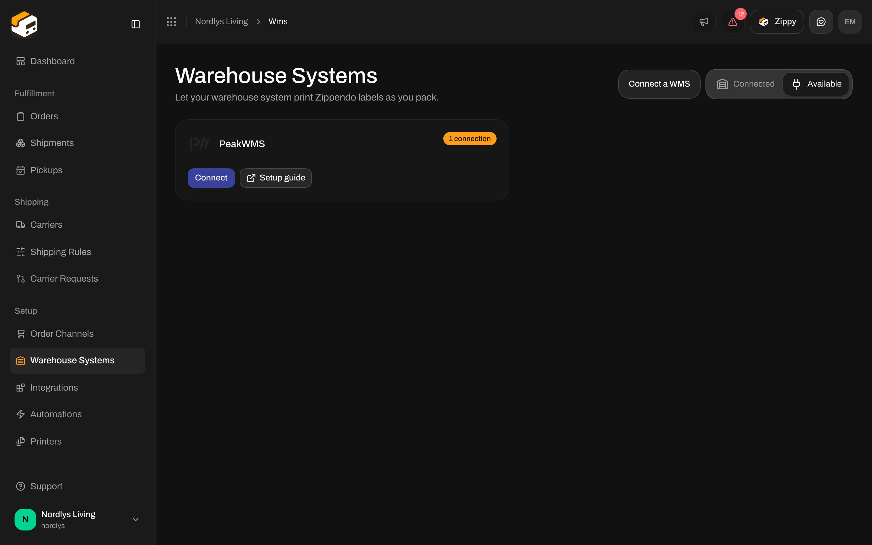 Warehouse Systems page showing the PeakWMS card with Connect and Setup guide buttons