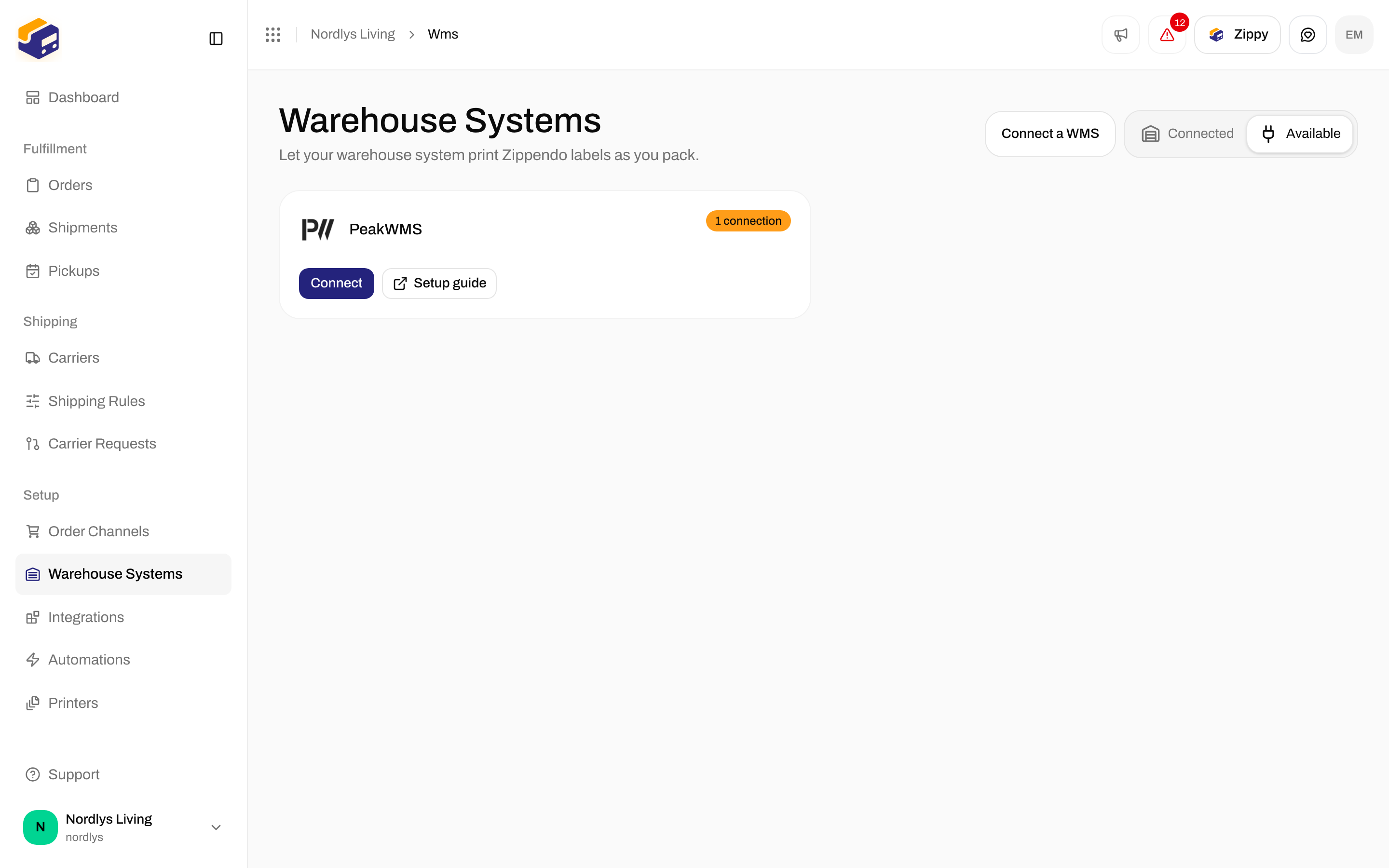 Warehouse Systems page showing the PeakWMS card with Connect and Setup guide buttons