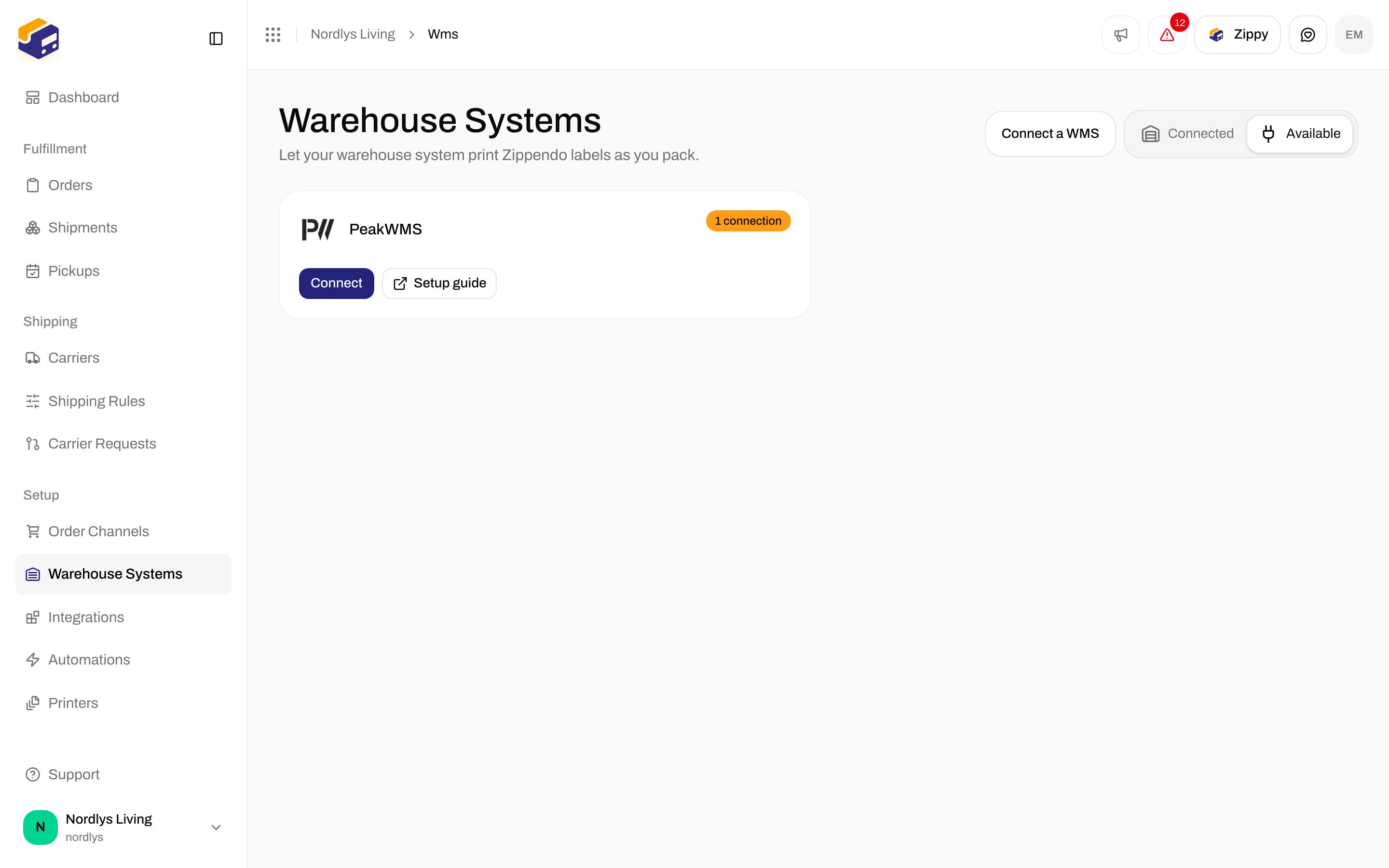 Warehouse Systems page showing the PeakWMS card with Connect and Setup guide buttons