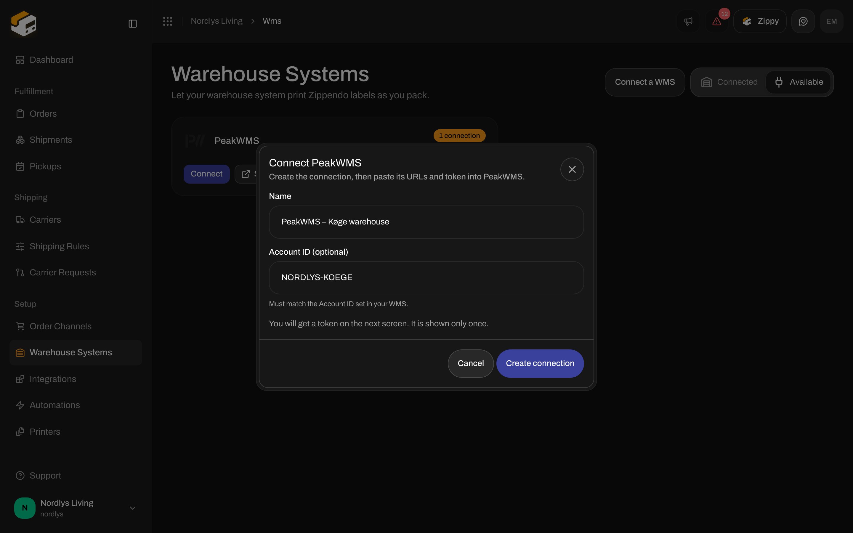 Connect PeakWMS dialog with Name set to PeakWMS – Køge warehouse and Account ID NORDLYS-KOEGE