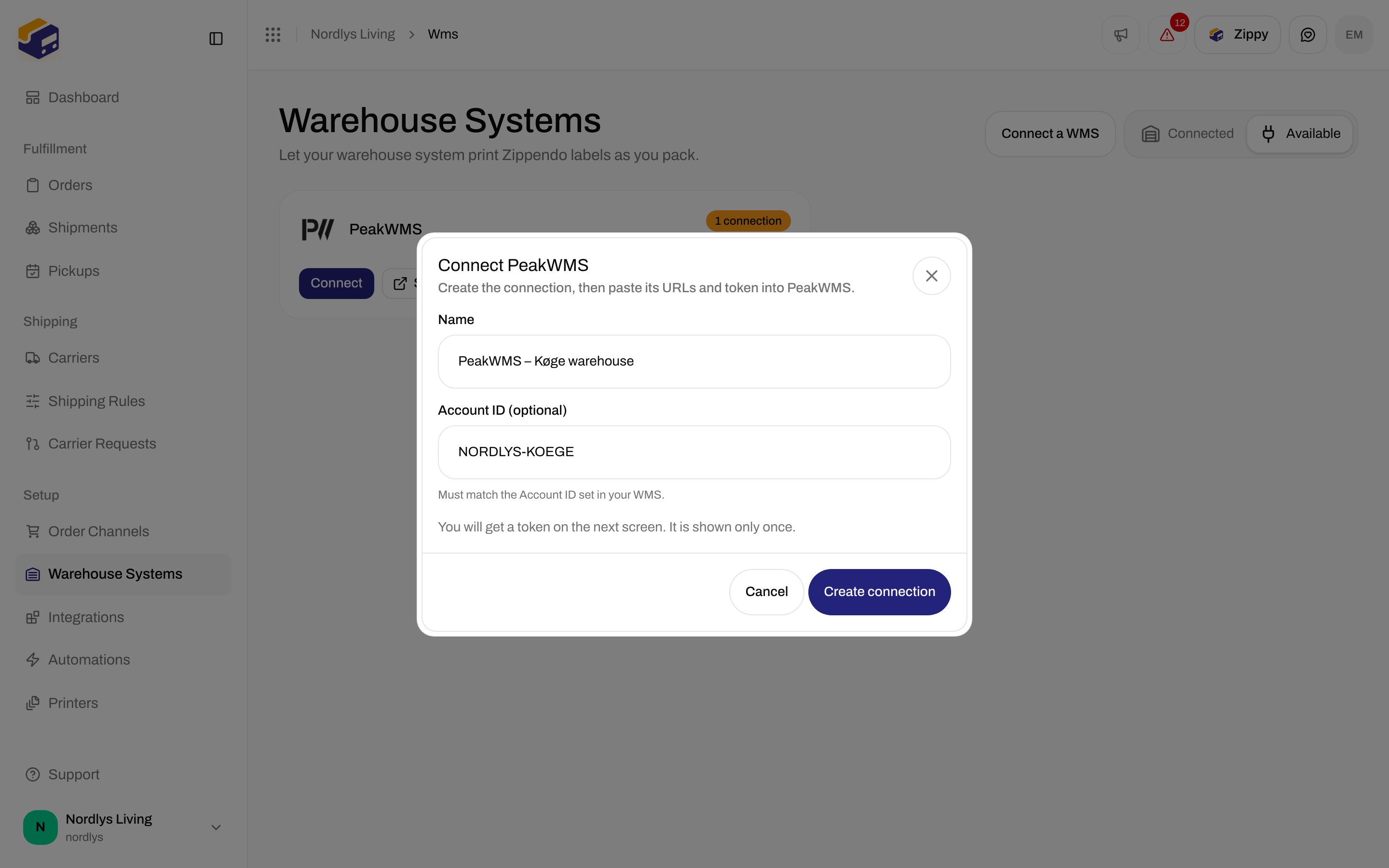 Connect PeakWMS dialog with Name set to PeakWMS – Køge warehouse and Account ID NORDLYS-KOEGE