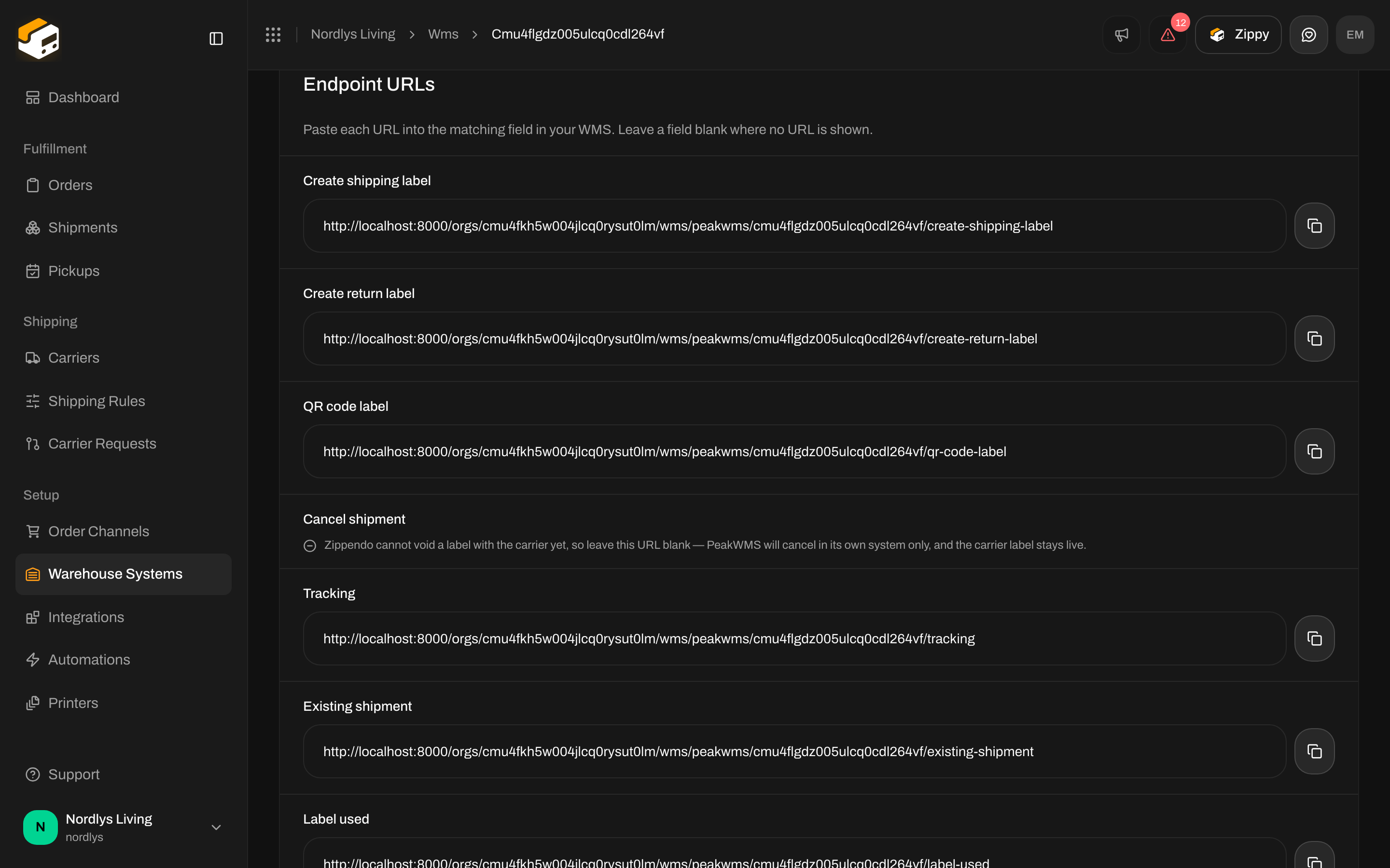 Endpoint URLs card listing Create shipping label, Create return label, QR code label, Tracking, Existing shipment and Label used with copy buttons