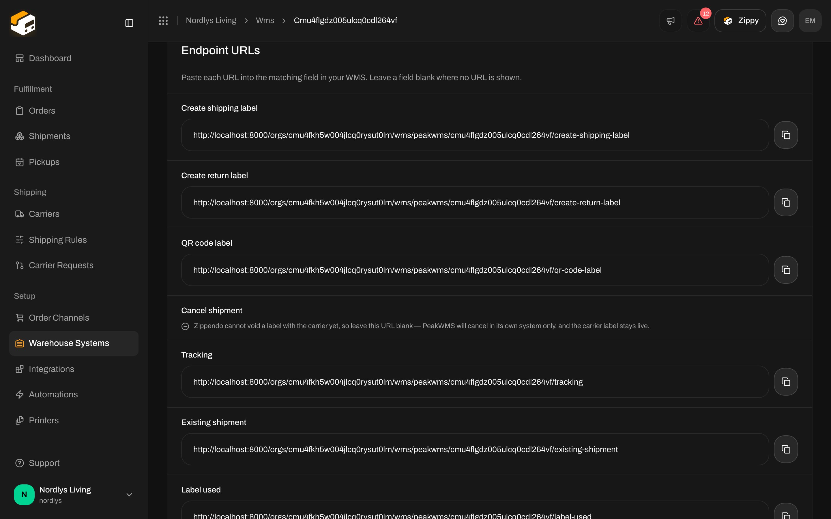 Endpoint URLs card listing Create shipping label, Create return label, QR code label, Tracking, Existing shipment and Label used with copy buttons