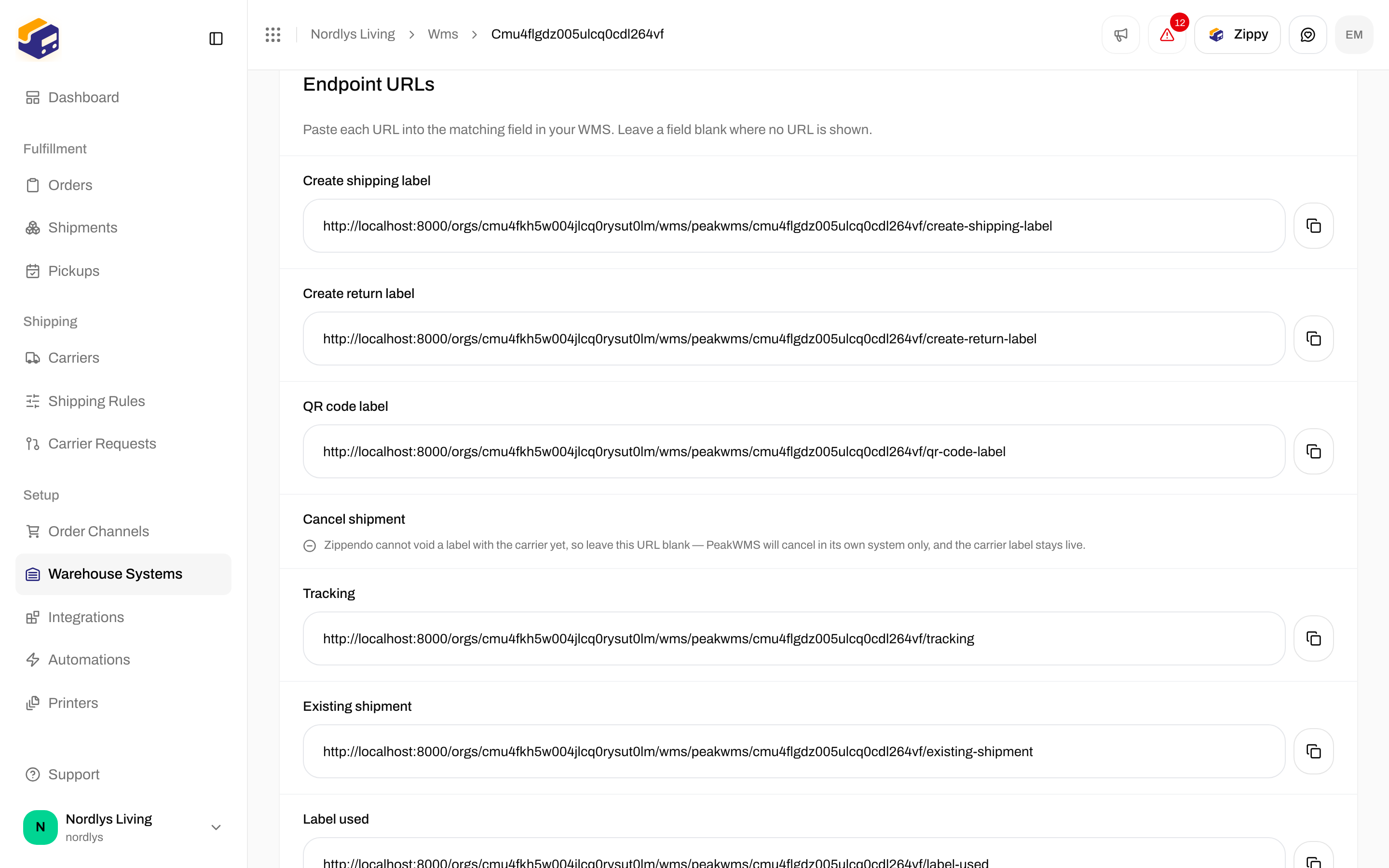Endpoint URLs card listing Create shipping label, Create return label, QR code label, Tracking, Existing shipment and Label used with copy buttons