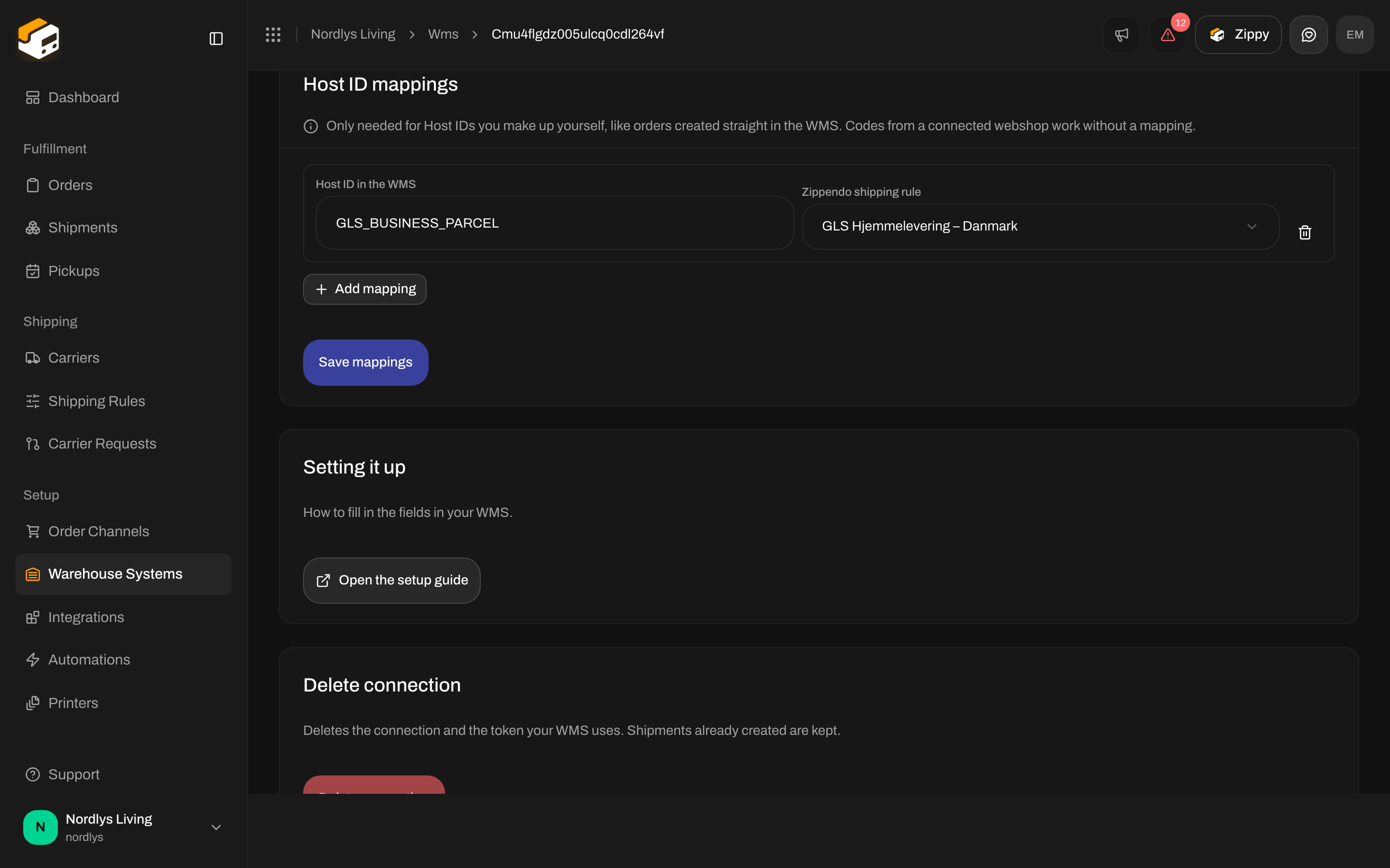Host ID mappings card with a row mapping GLS_BUSINESS_PARCEL to the GLS Hjemmelevering – Danmark rule
