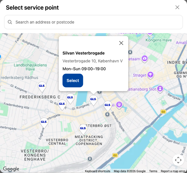En åben nål på kortet med Silvan Vesterbrogade, Vesterbrogade 10, København V, åben man–søn 09:00–19:00, og knappen Vælg