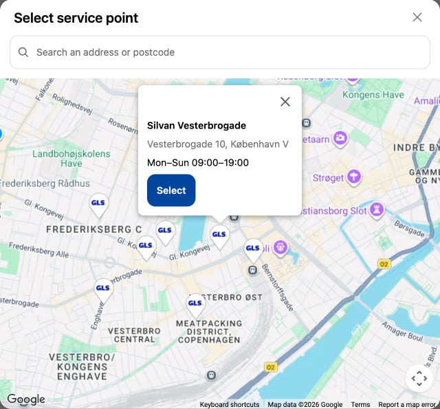 Otwarta pinezka na mapie z informacjami: Silvan Vesterbrogade, Vesterbrogade 10, København V, otwarte pon.–niedz. 09:00–19:00, oraz przycisk Wybierz