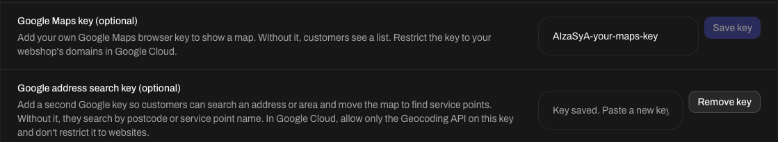 Google Maps-nøgle (valgfri) med en gemt nøgle og Google-nøgle til adressesøgning (valgfri) med teksten Nøglen er gemt. Indsæt en ny nøgle for at udskifte den, med knapperne Gem nøgle og Fjern nøgle