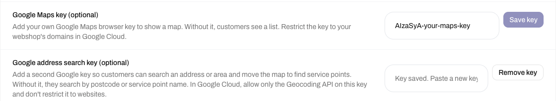 Google Maps-nøgle (valgfri) med en gemt nøgle og Google-nøgle til adressesøgning (valgfri) med teksten Nøglen er gemt. Indsæt en ny nøgle for at udskifte den, med knapperne Gem nøgle og Fjern nøgle